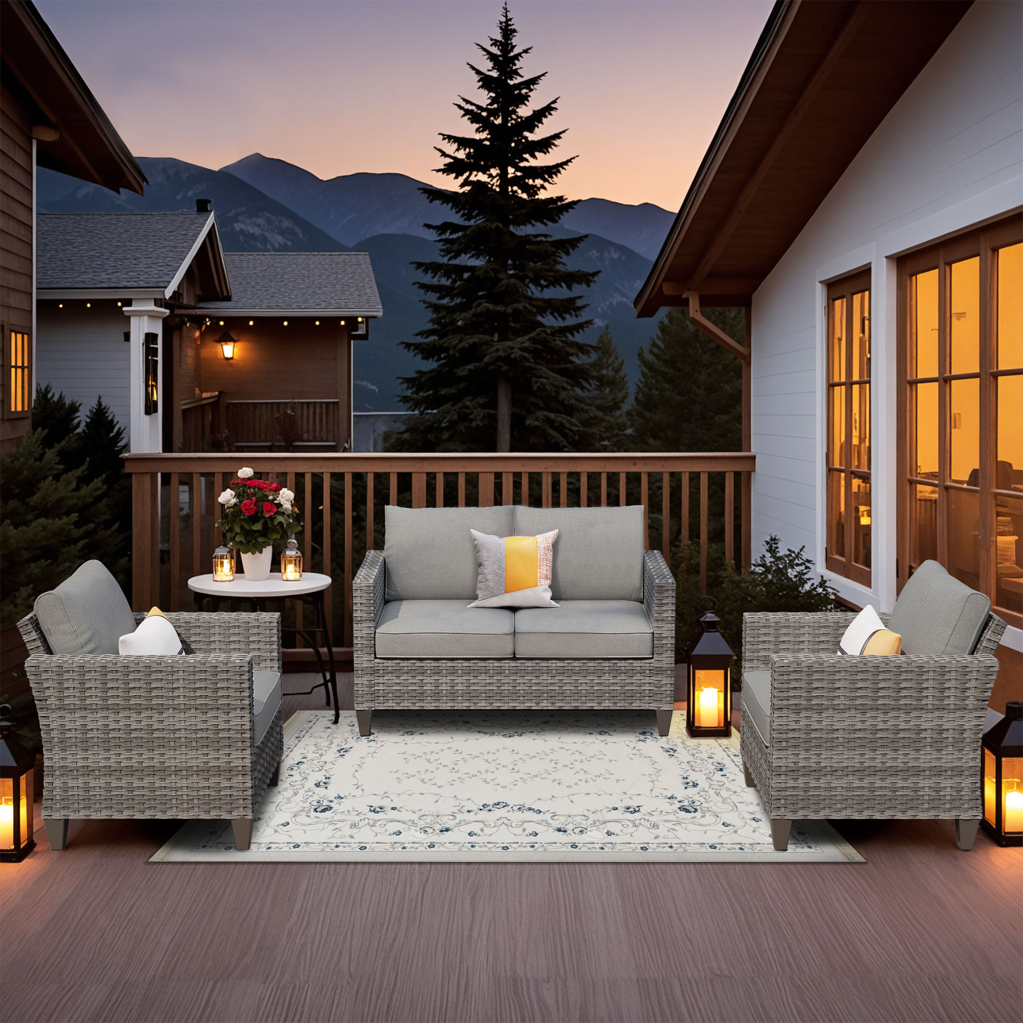 Pouuin SGR203 3 -Piece Wicker Patio Conversation Set with Dark Gray Cushions