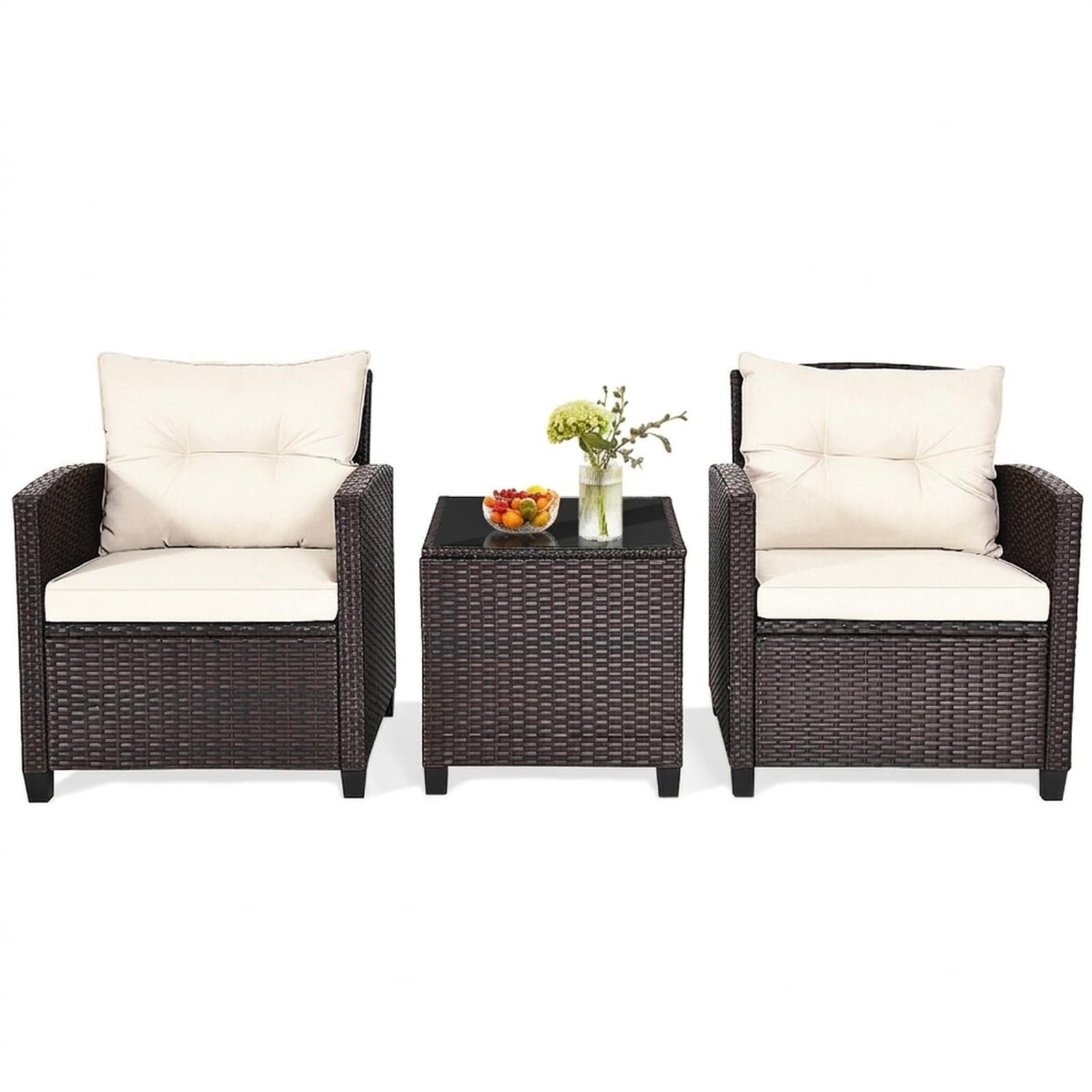 SUGIFT - Lifted-Base 3-pc Wicker Arm Chair Ensemble with Cube Glass Side Table and Sponge Back Cu...