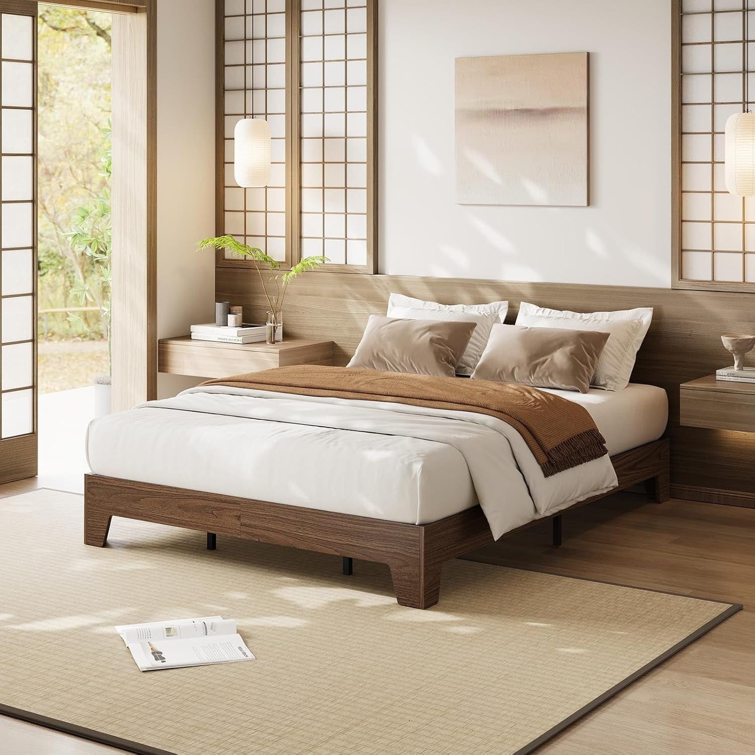 Full Platform Bed Frame Underbed Storage Clearance Wood Metal Slat No Headboard No Box Spring Easy Assembly Walnut