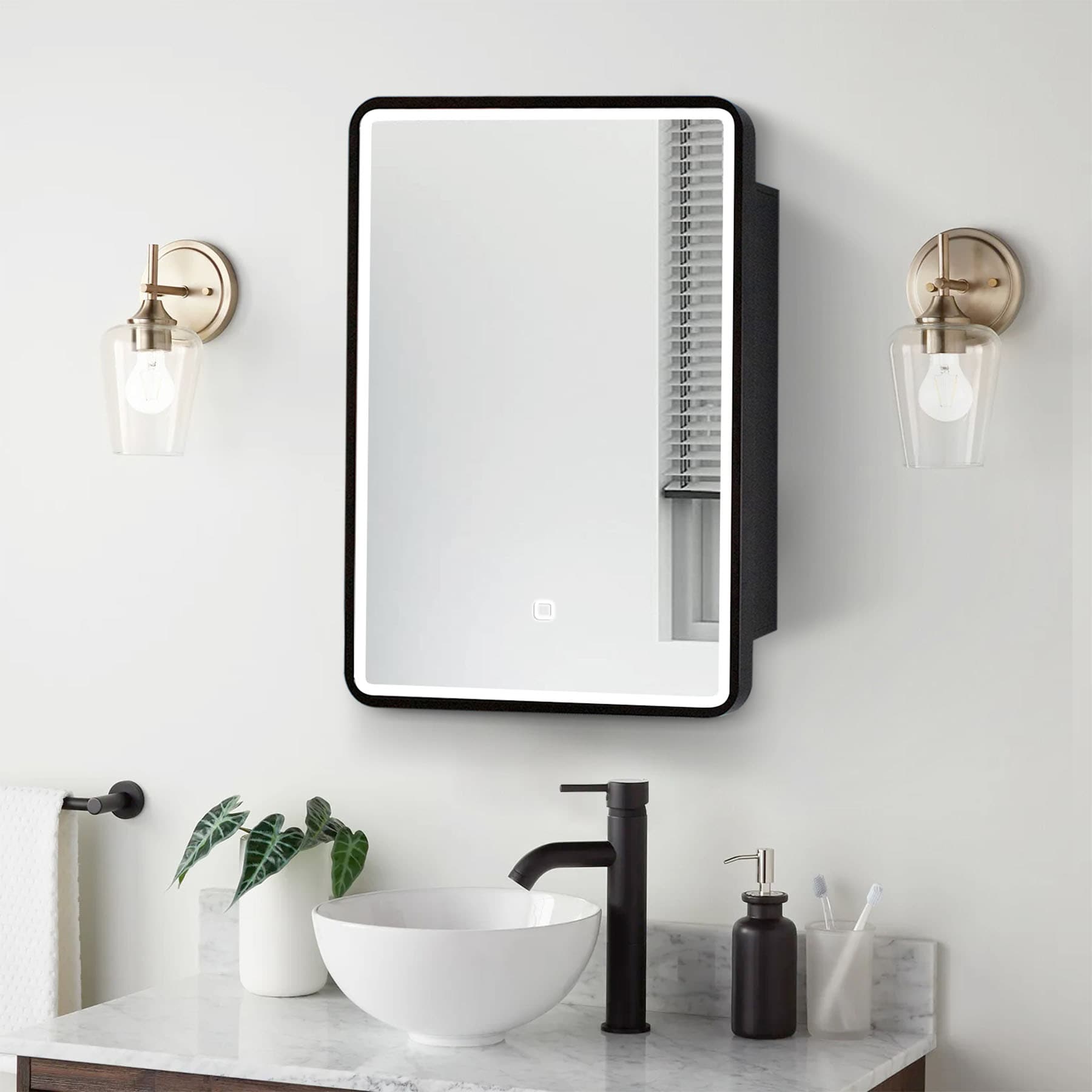 WELLFOR EX3BMBL-40-24 AO 20-Inches x 28-Inches Lighted LED Fog Free Surface Mount Black Mirrored Rectangle Medicine Cabinet