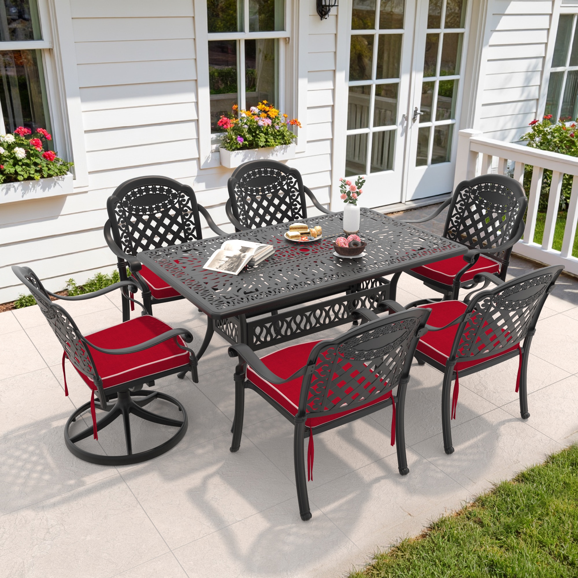 nicesure SLBK6002SC8CZ4A1042 7 -Piece Black Patio Dining Set Aluminum Rectangle Table with 6 Cushions Stationary and Motion Chairs
