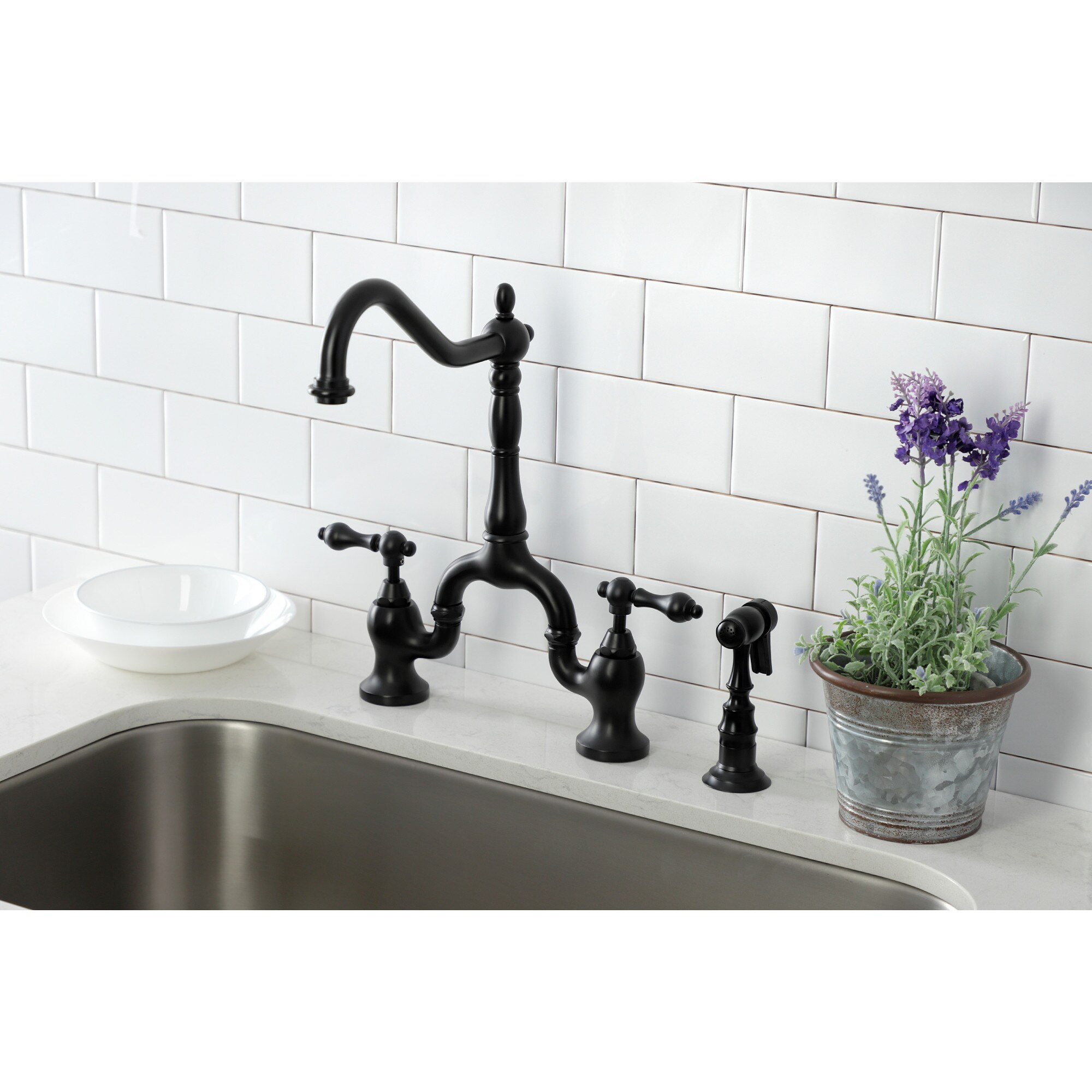 Kingston Brass WLKS7750ALBS English Country Matte Black Double Handle Deck-mount Bridge Kitchen Faucet ( Side Sprayer Included )
