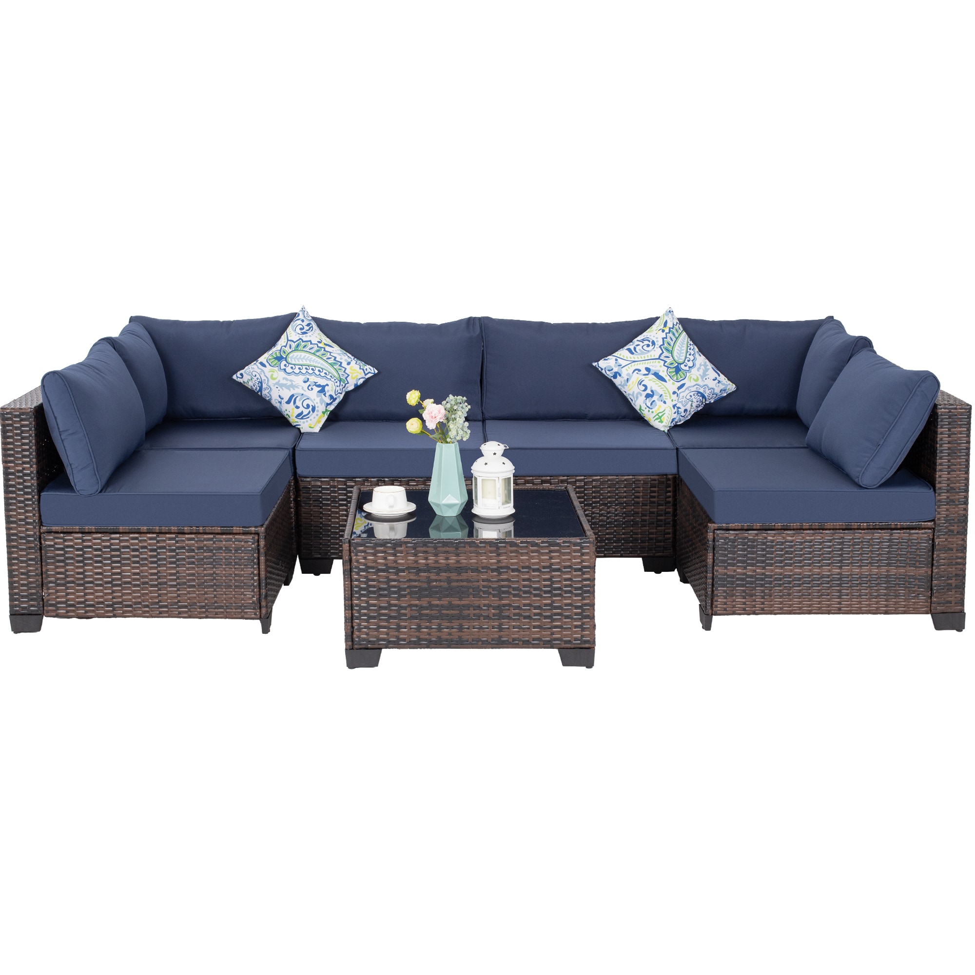 Damerin PCS9A 7-Piece Rattan 4 Patio Conversation Set with Blue Cushions