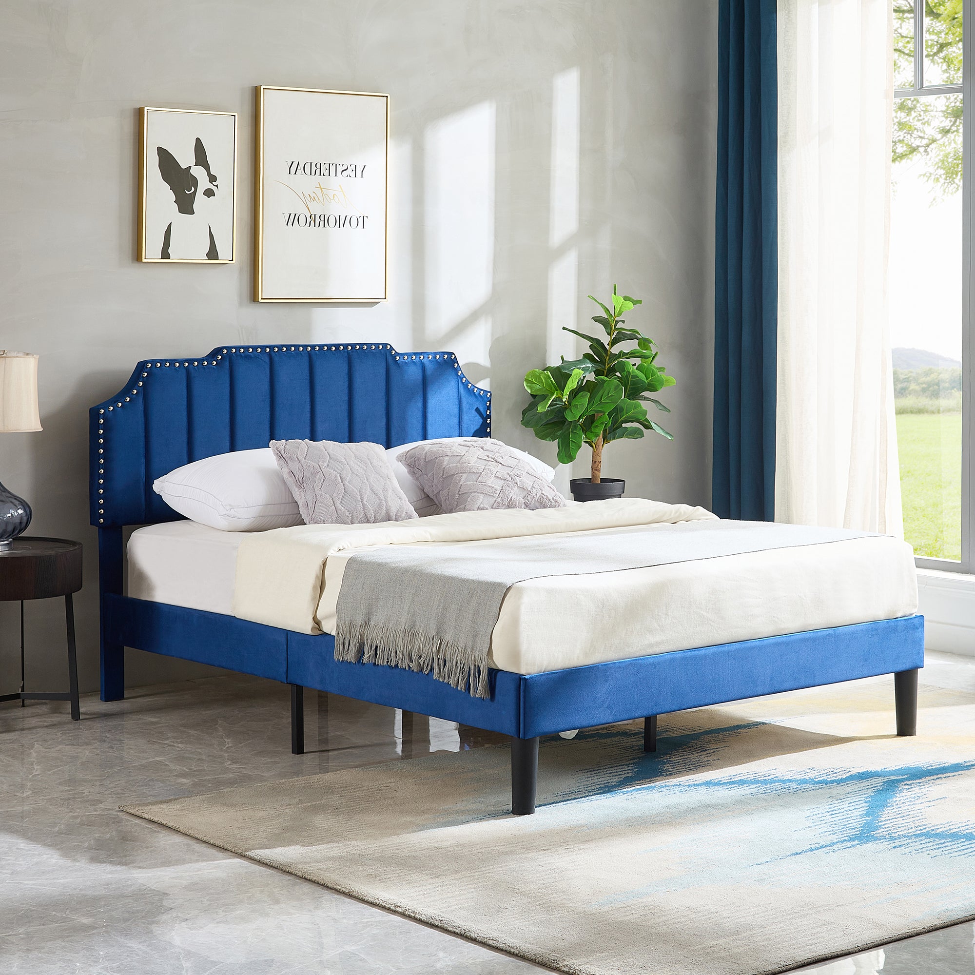 Vecelo LOE-CY-QB06-DBLU Queen Size Modern Bed Frame with Linen Upholstery Wooden Slats and No Box Spring Required