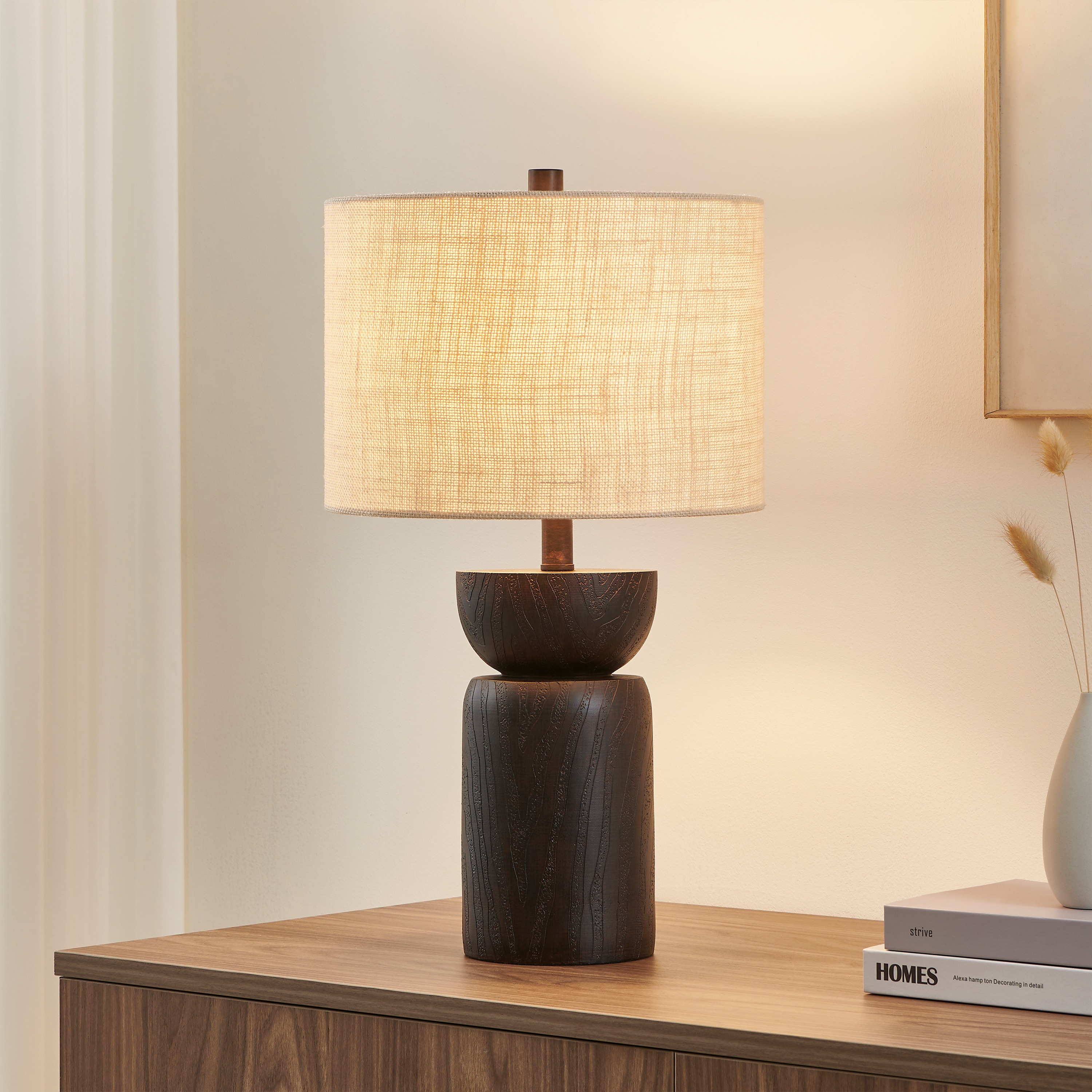 KAWOTI 21363 21.5-in Black LED Rotary socket Table Lamp with Linen Shade