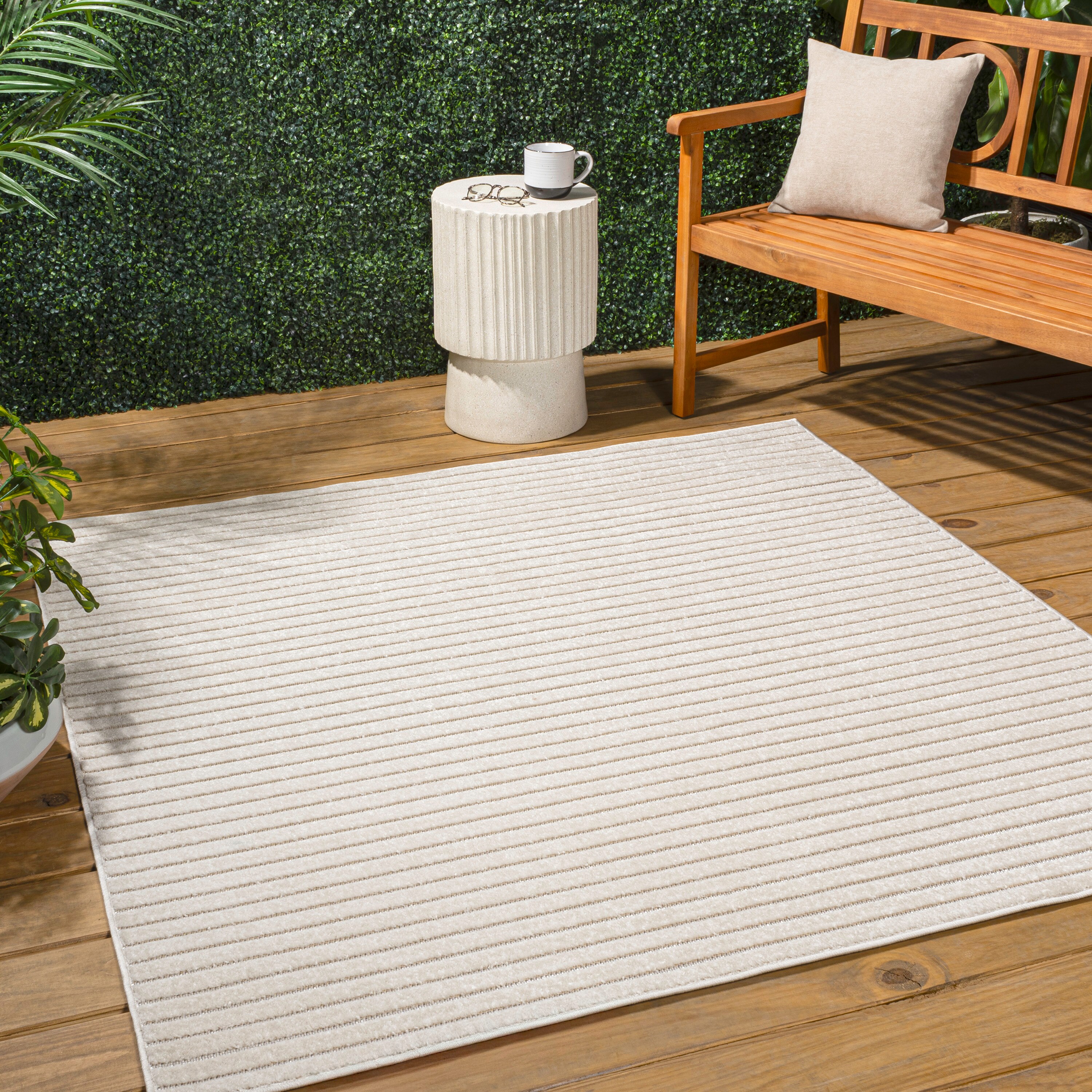 JONATHAN  Y SCN102B-6SQ SCANDINAVIAN Aarhus High-Low Minimalist Scandi Striped 6 x 6 (ft) Polypropylene Ivory/Cream Square Indoor Stripe Mid-Century Modern Area rug