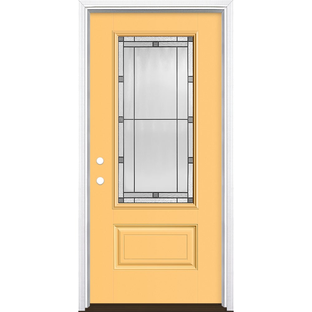 Masonite 3350505 Avenue 36-in x 80-in x 4-9/16-in Fiberglass 3/4 lite Right-hand inswing Cabana Yellow Painted Prehung Front Door with Brickmould Insulating core