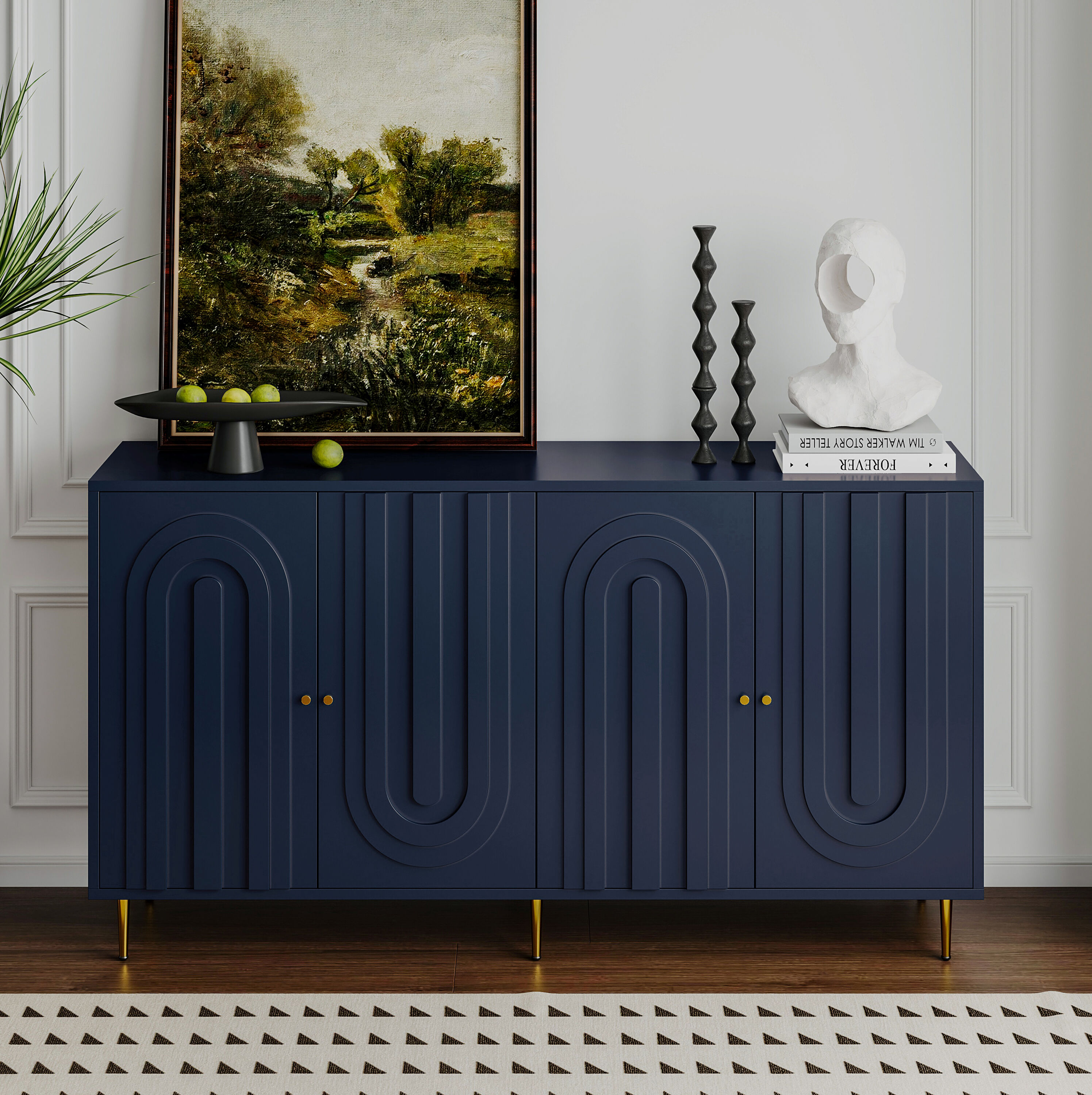 GDFStudio 324764 Modern Blue Lacquered 4 Door Wooden Cabinet Sideboard Buffet Server Cabinet Storage Cabinet For Living Room Entryway Hallway office Kitchen and Dining Room