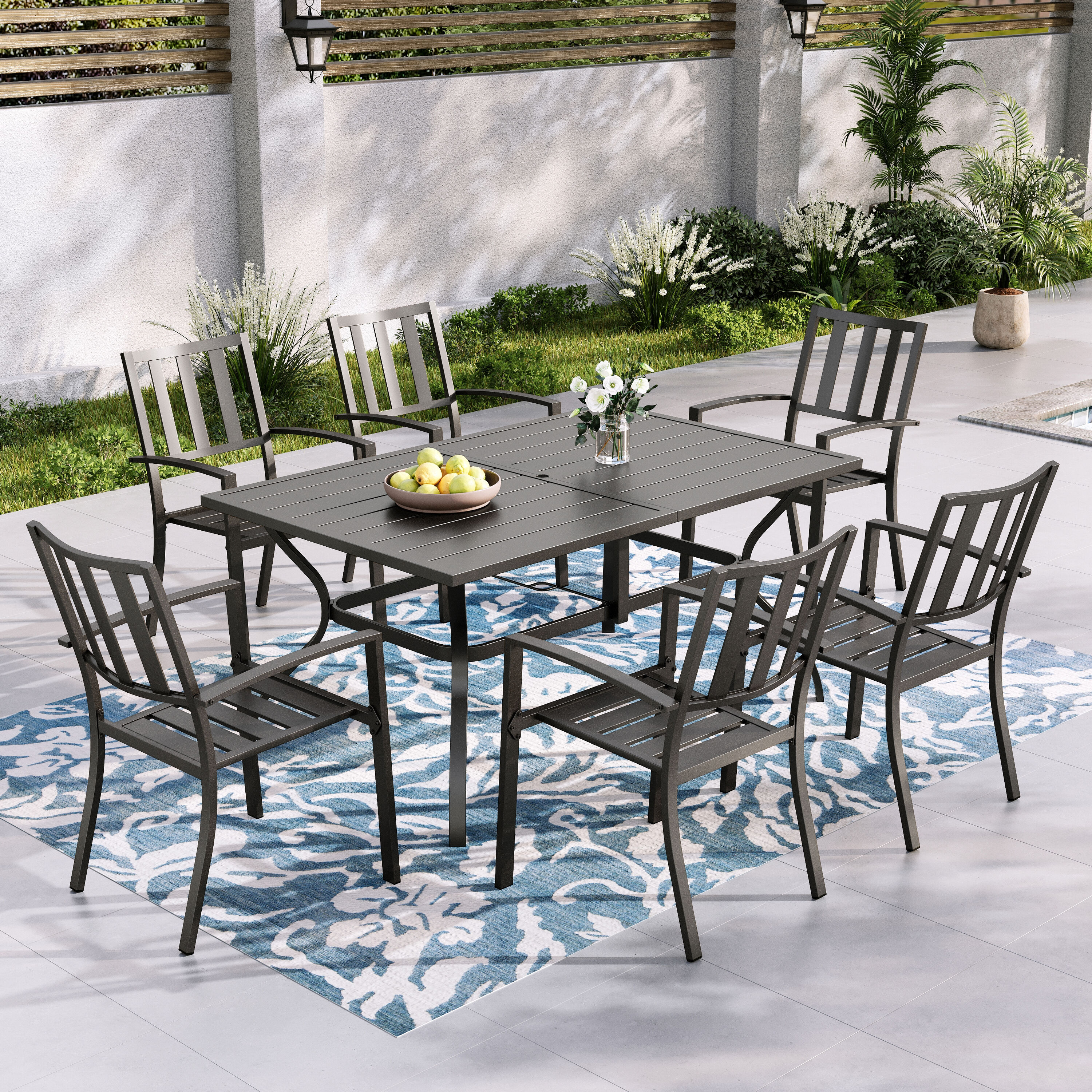 Sunshine Valley TC7-3501-4 Outdoor Table and Chairs 7 -Piece Black Patio Dining Set Steel Rectangle Table with 6 Stackable Stationary Chairs