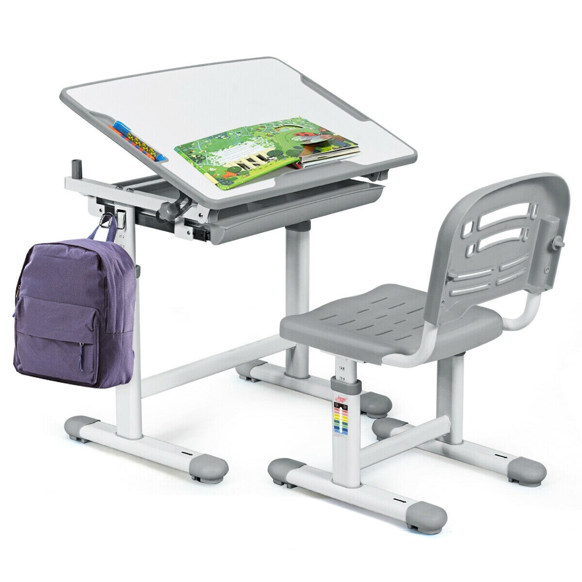 Costway Adjustable Height Kids Study Desk Drafting Table w/Bookshelf&Hutch  Grey 