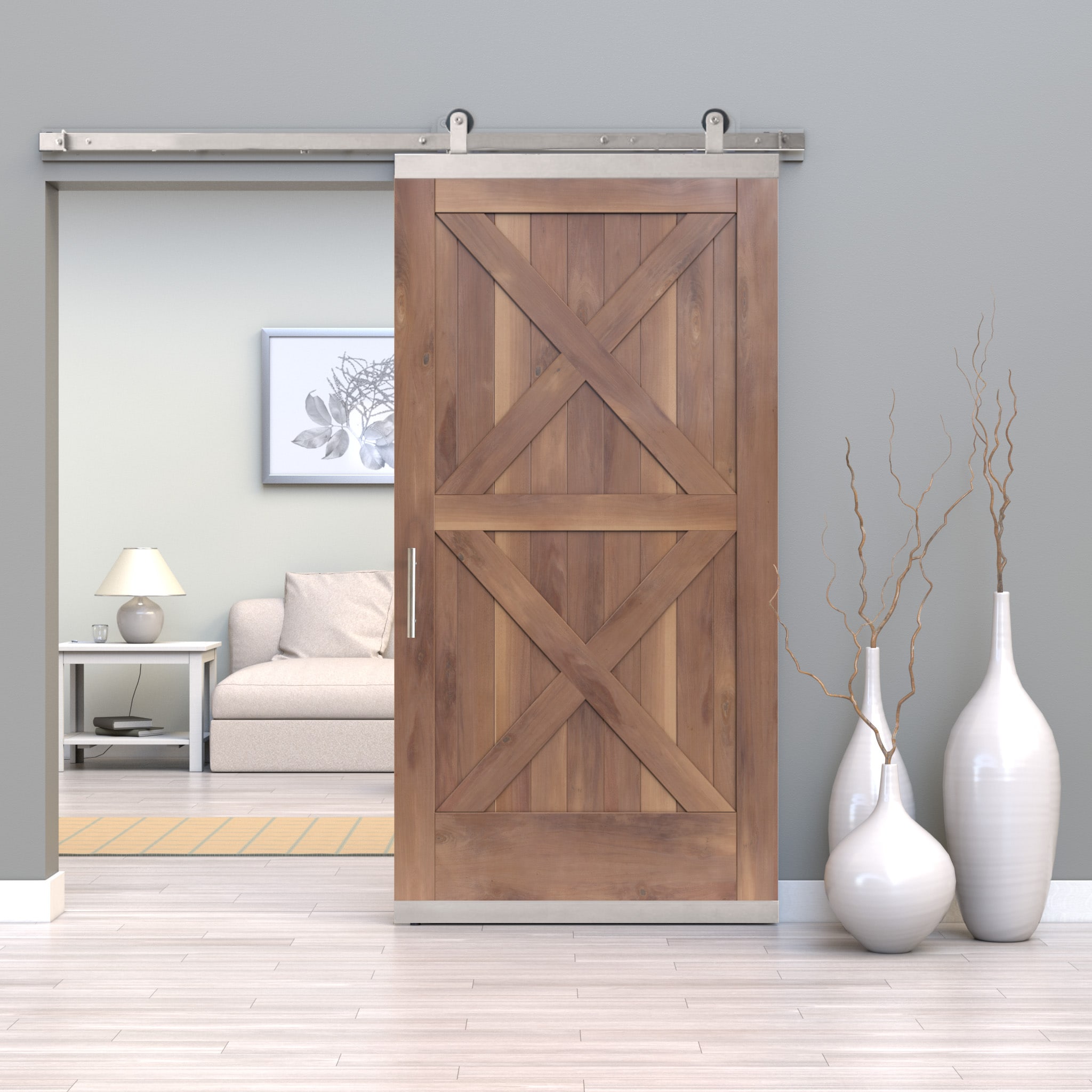 JELD-WEN LOWOLJW248600125 42-in x 96-in Clear Crossbuck Walnut Wood Solid core Single Barn Door (Hardware Included)