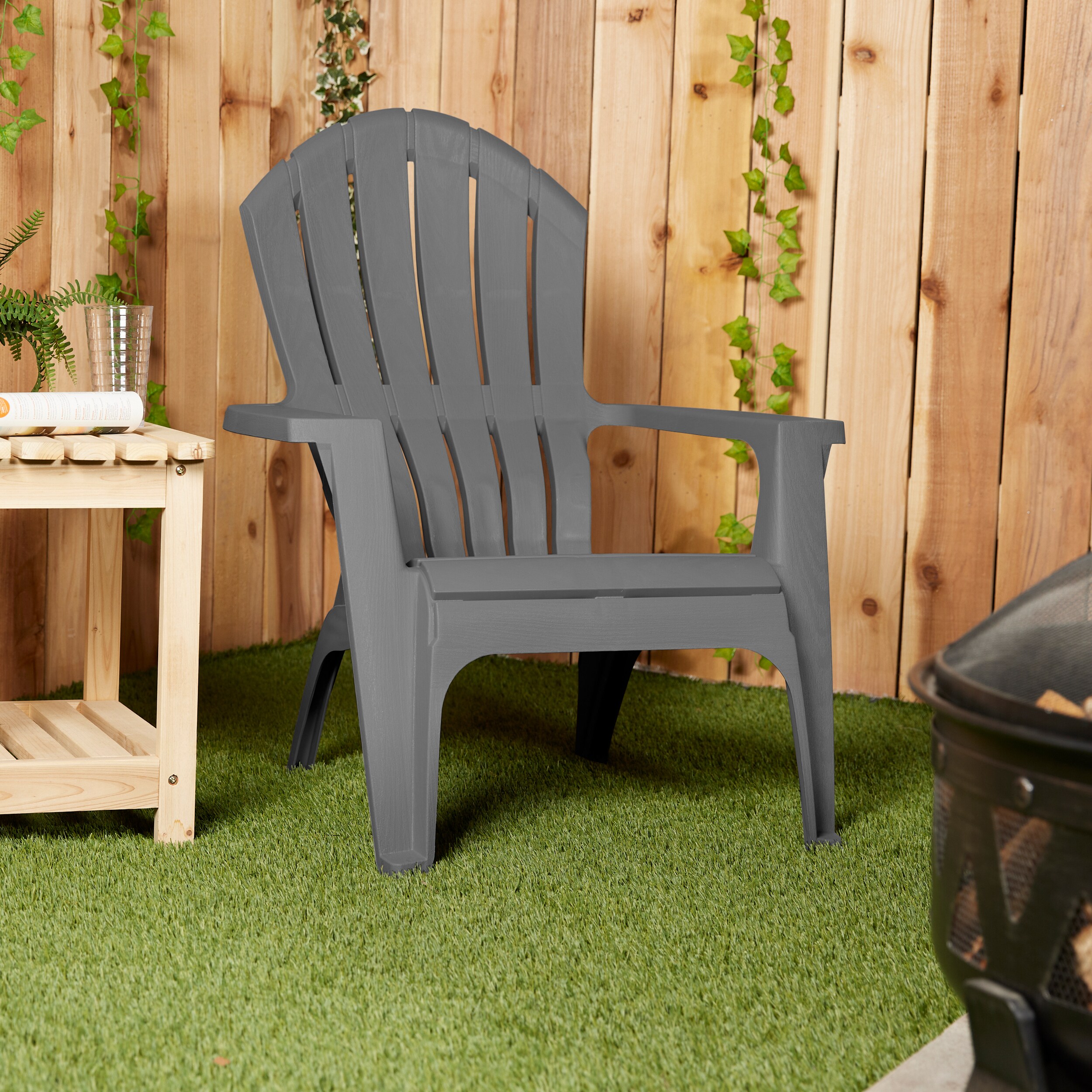 Adams PATIO Stackable Charcoal Plastic Frame Stationary Adirondack Chair with Slat Seat