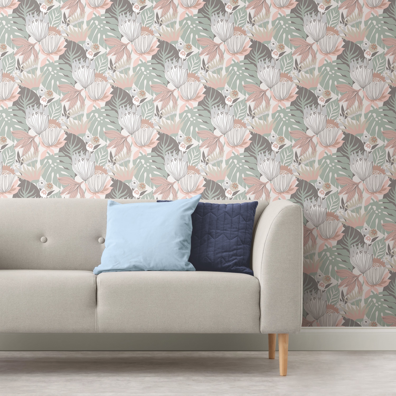 Pink and Green Tropical Leaves Peel and Stick Vinyl Wallpaper