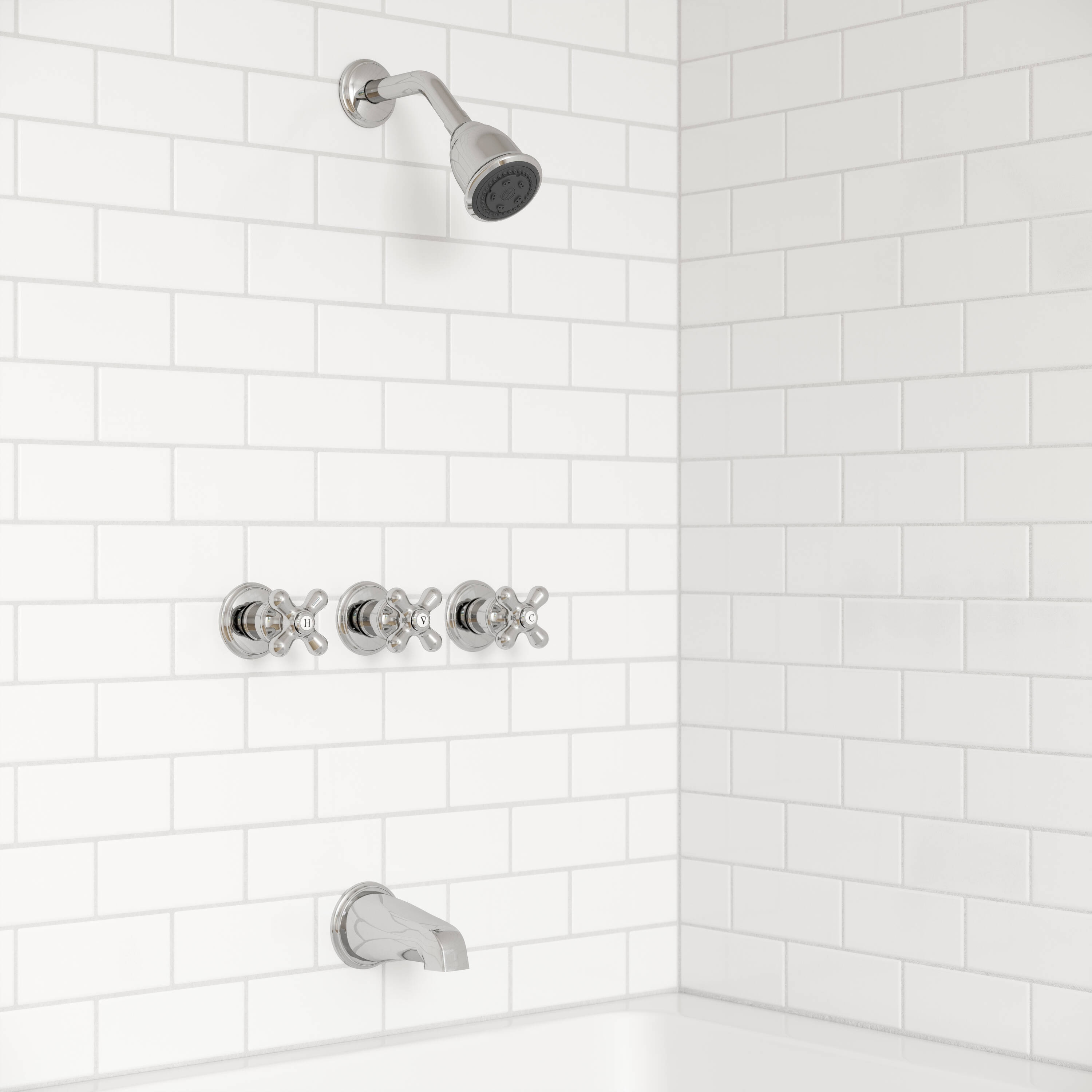 Polished Chrome Wall Mounted 3-Handle Tub and Shower Faucet