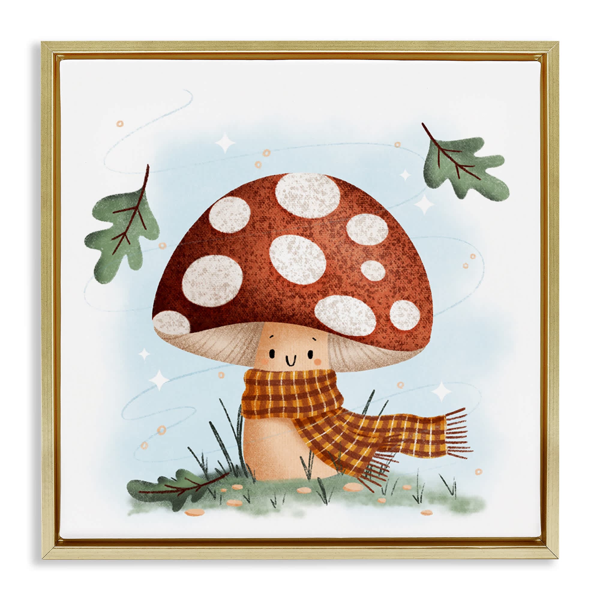 Stupell Industries BT-442-FFG-24X24 Happy Mushroom in Scarf Gold Framed Floater Canvas Wall Art By Sarah Hickman 25 x 25