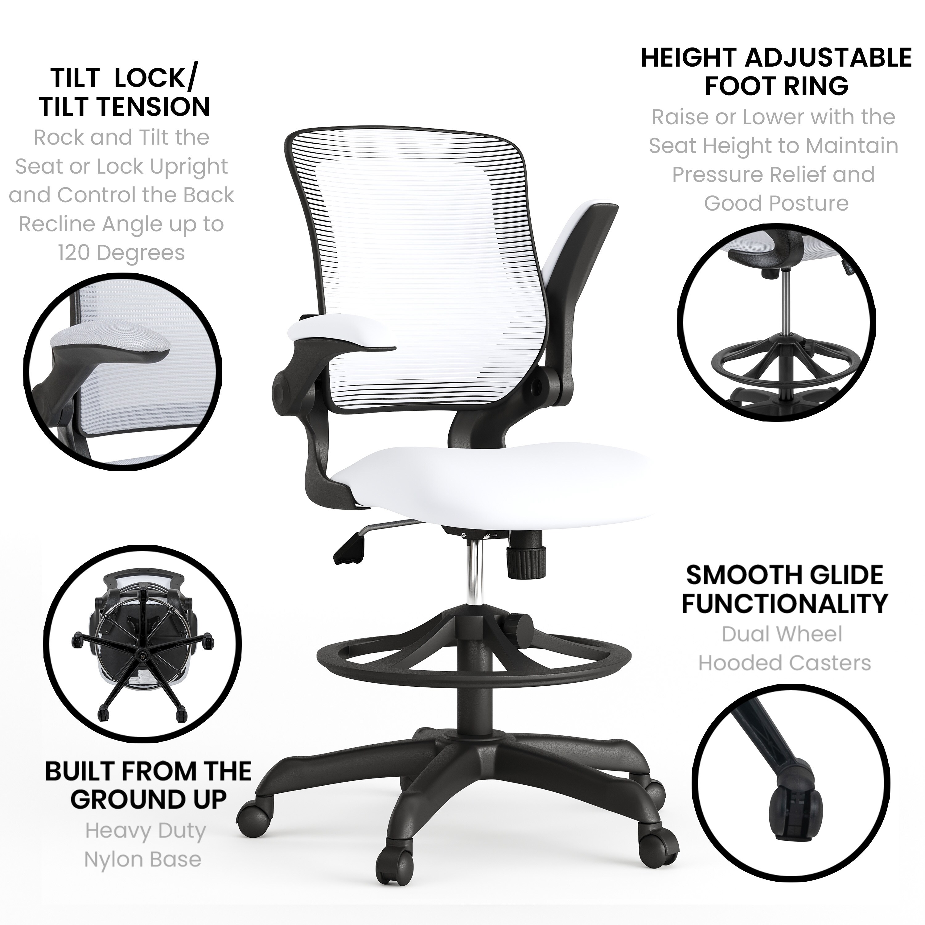 White Mesh Ergonomic Drafting Chair with Adjustable Foot Ring