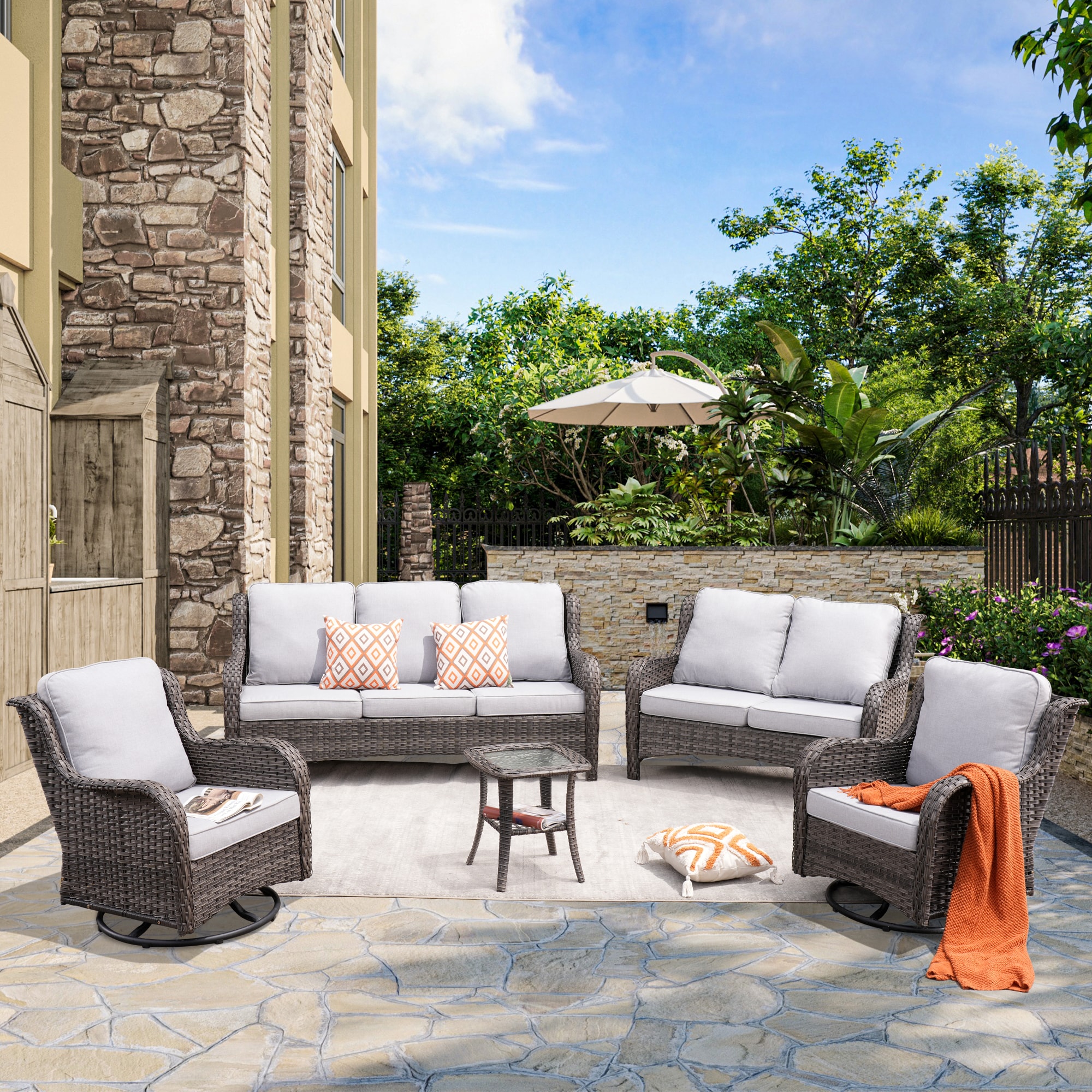 Ovios GNTC4-6Y 5 -Piece Wicker Patio Sofa Conversation Set with Gray Cushions