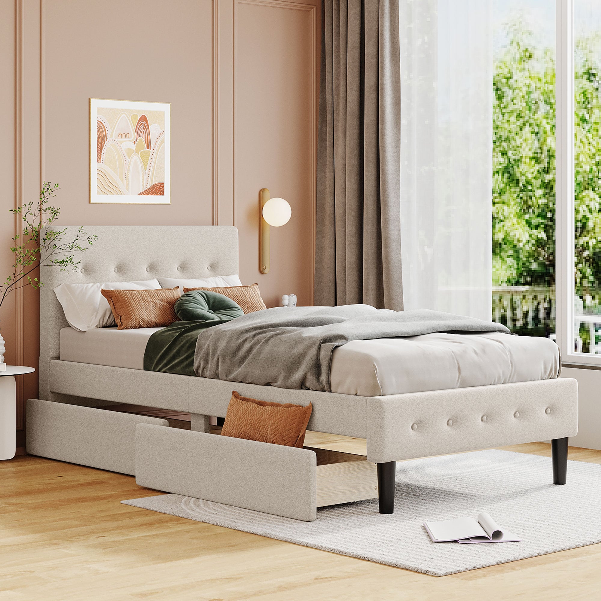 ModernLuxe WF298240AAA Twin Size Upholstered Platform Bed with 2 Drawers Beige