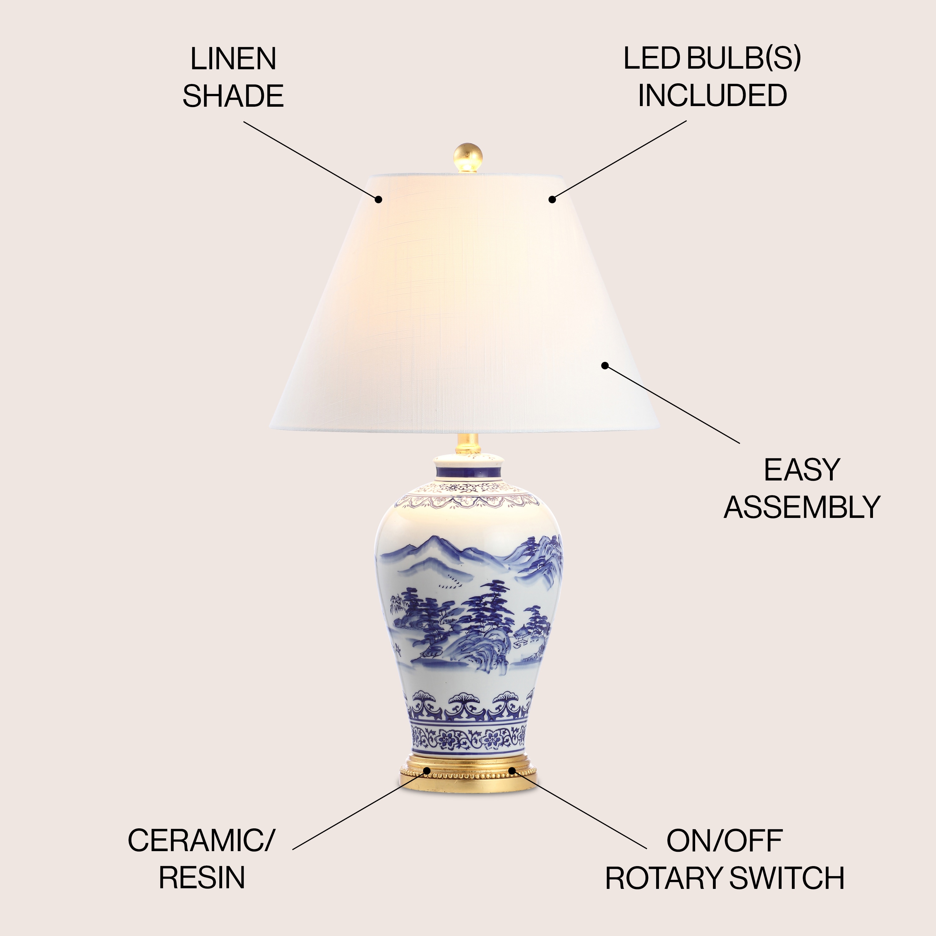 Traditional White and Blue Ceramic Table Lamp with Linen Shade