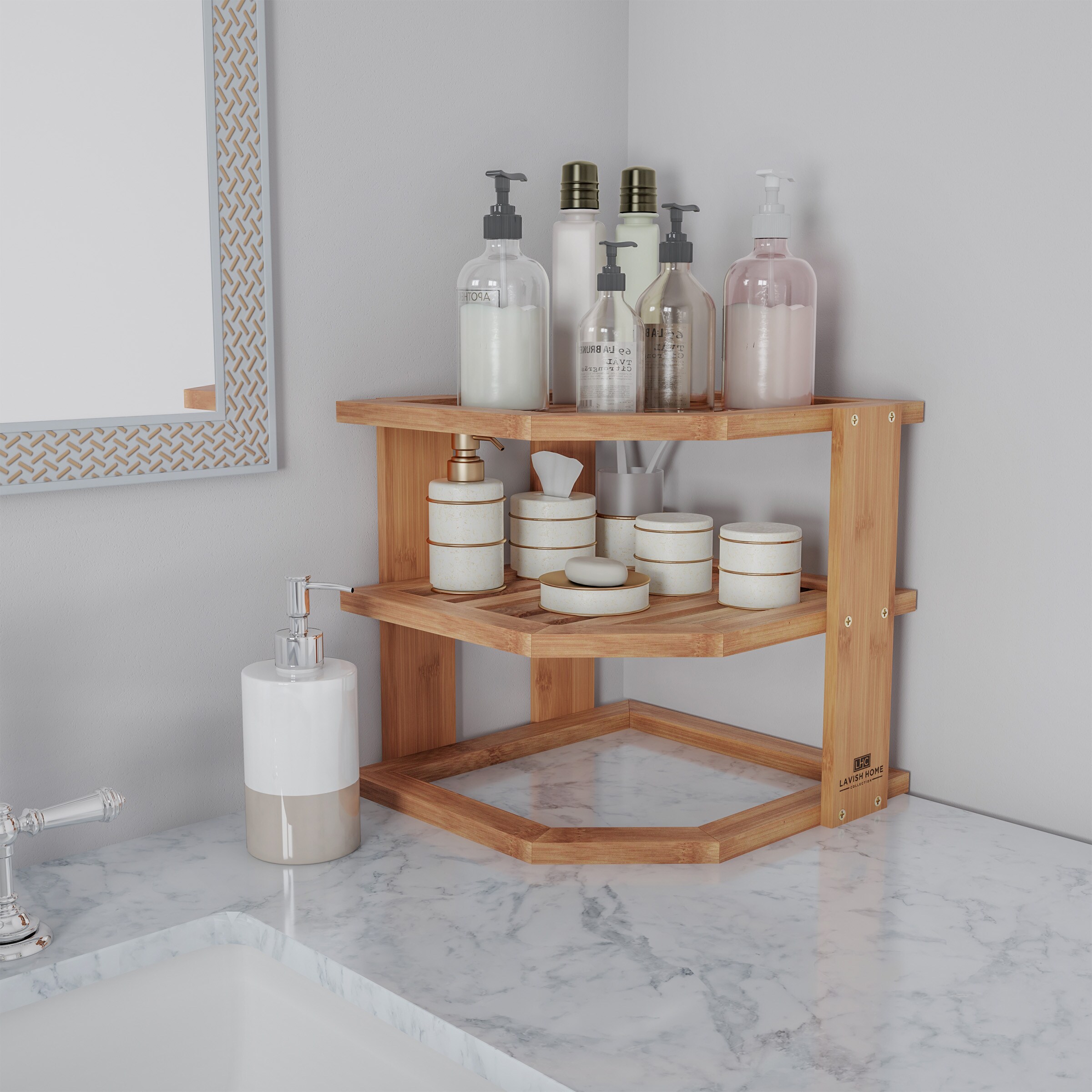Bathroom Organizer Countertop Corner Shelf – 2 Tier Bathroom Organization  Bamboo