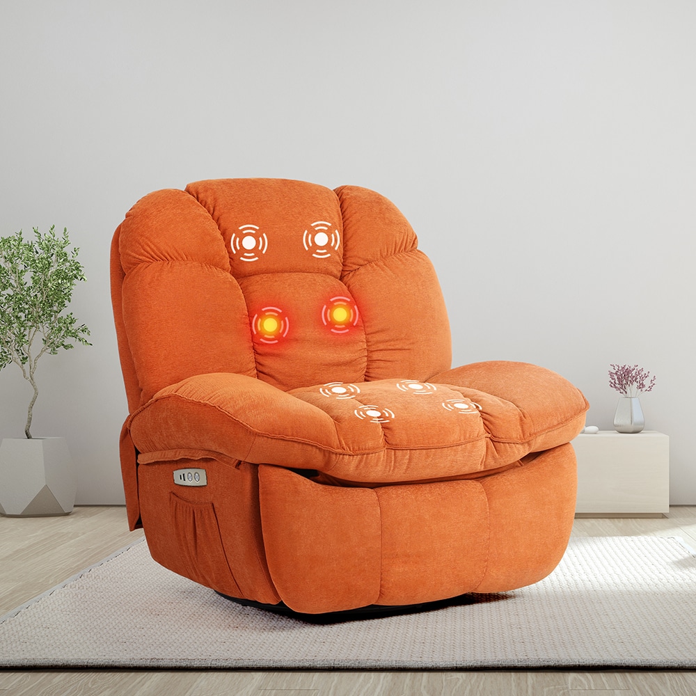DYHOME  Orange Massage Swivel Recliner Chair Oversized Rocker Recliner with Heated Vibration Massage and Lumbar Heat Rocker Chair with Side Pocket USB Charge Port