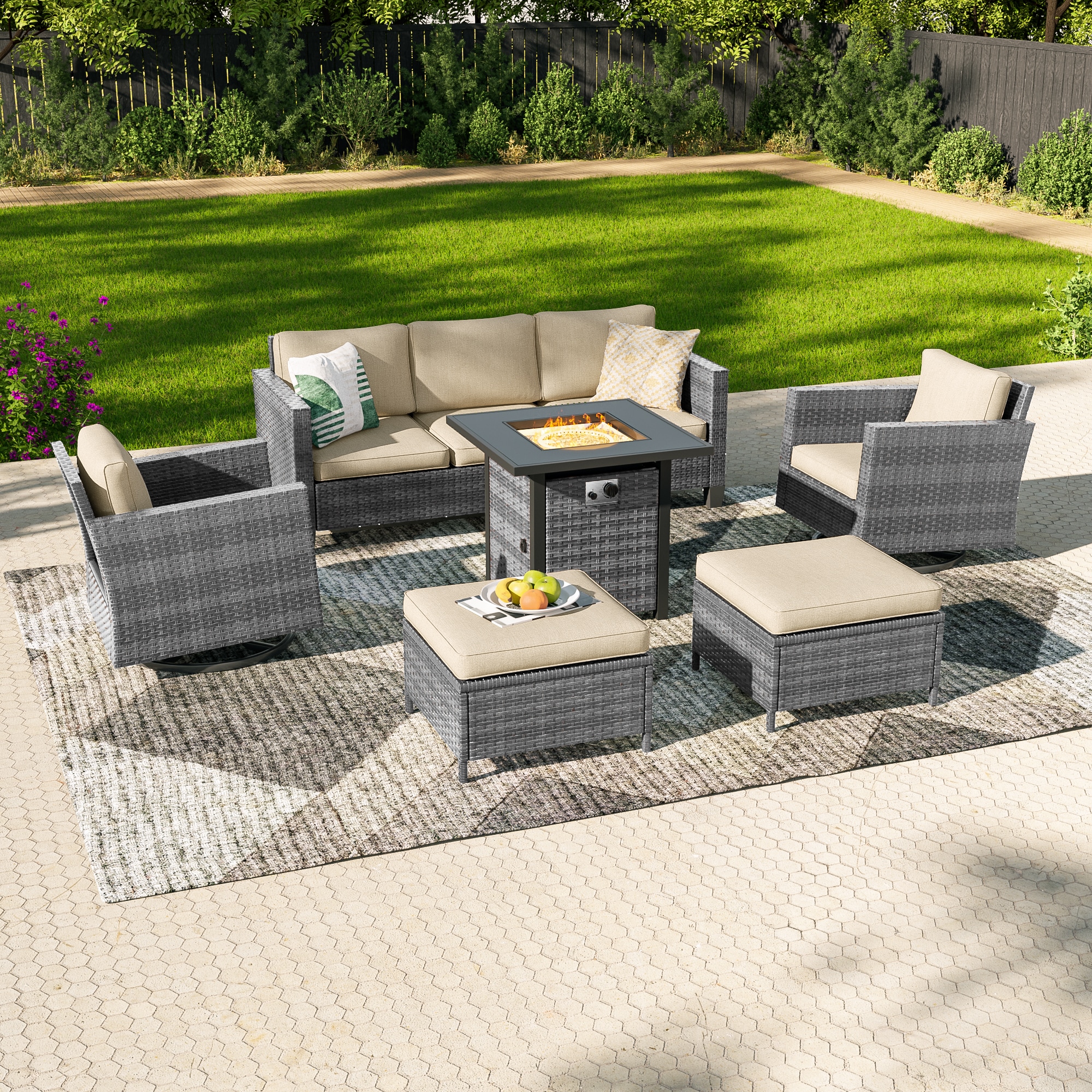 Sonkuki SD-PSS1-2RHBG-T4 Patio Conversation Set 6 -Piece Wicker Patio Sofa Conversation Set with Beige Cushions