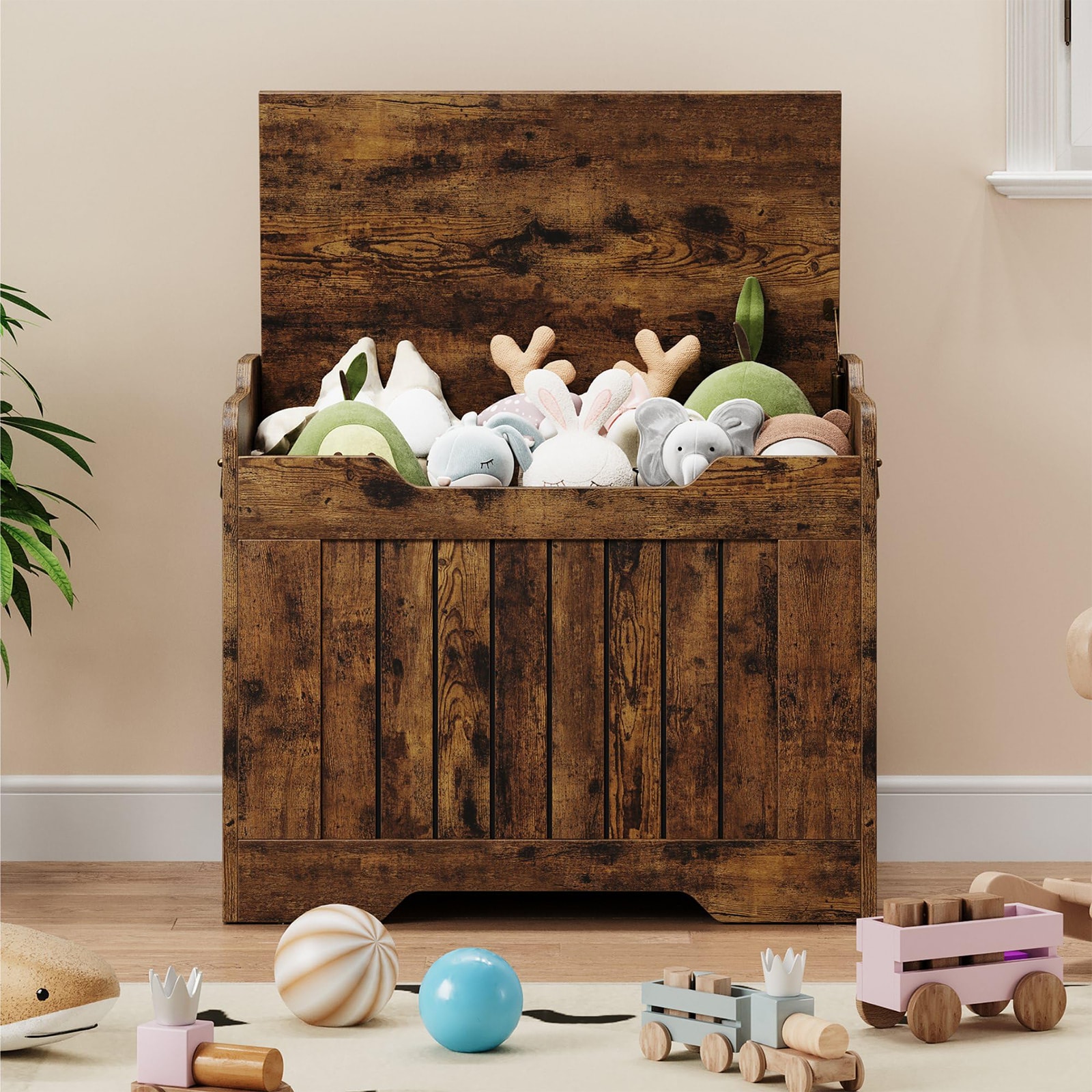 IdealHouse 24.8-Inch Farmhouse Toy Chest Storage Bench with Safety Hinge and U-Shaped Pull Cutout - Wooden Toy Box for Entryway Bedroom - Brown