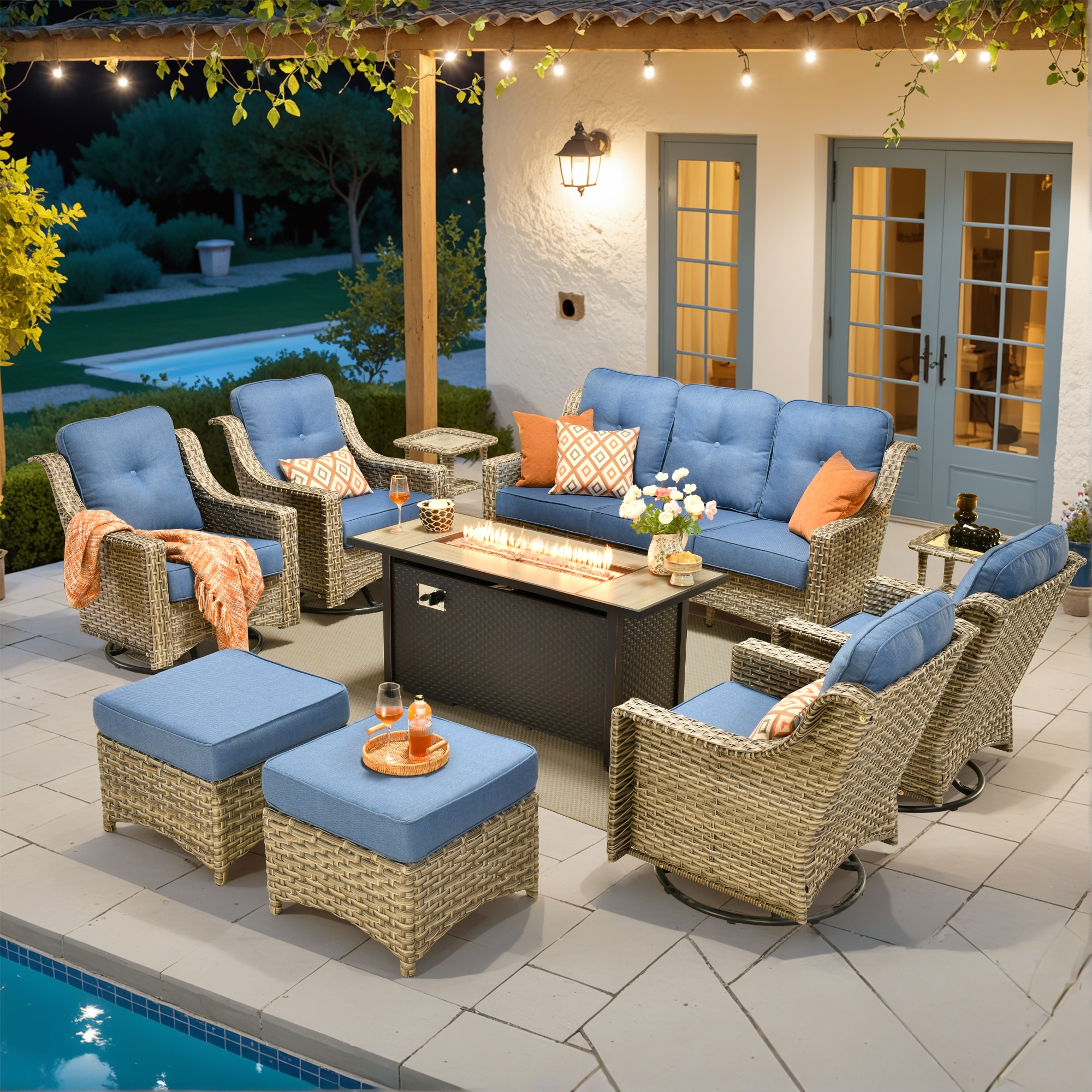 Ovios RFP5PD509Y 10 -Piece Rattan Patio Sofa Conversation Set with Blue Cushions