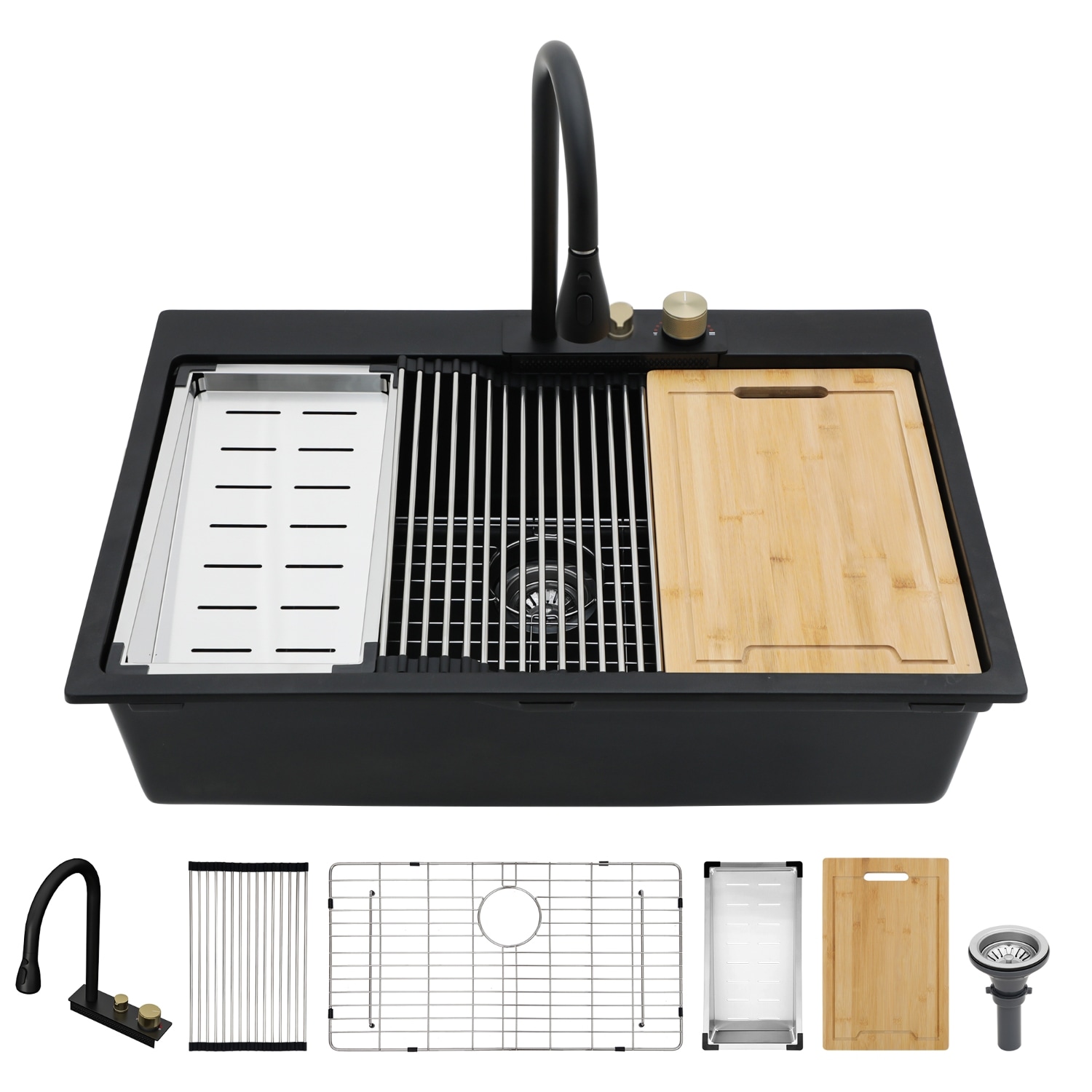Lirago 33 x 22 in Kitchen Sink Black Composite Granite Quartz Drop-In Waterfall Workstation Sink with Pull-Out Faucet
