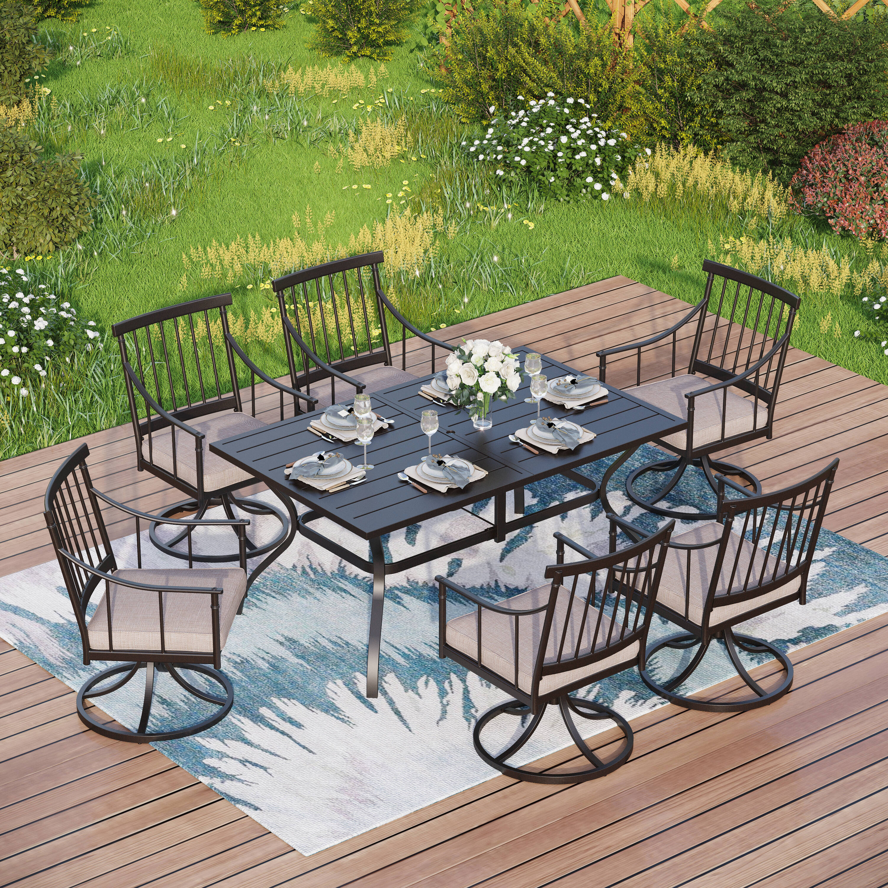 Sunshine Valley S7-458-4 7 -Piece Black Patio Dining Set Steel Rectangle Table with 6 Tan Cushions Swivel Chairs
