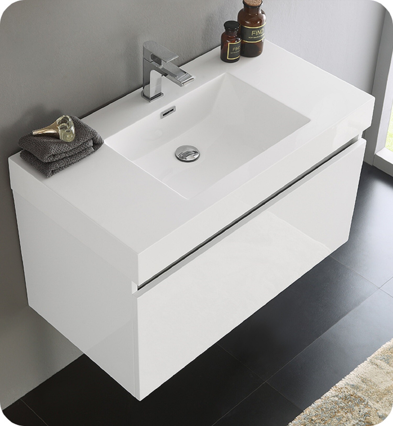 Glossy White 36" Wall-Mounted Single Sink Vanity with Acrylic Top
