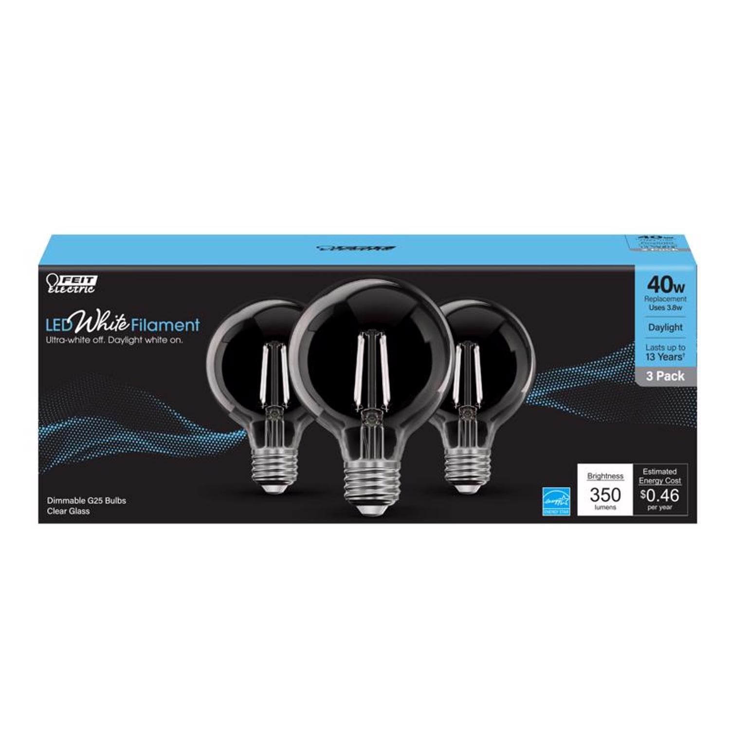 Feit Electric EJD3014458 White G25 E26 Medium Filament LED Bulb Daylight 40 Watt Equivalence 3 pk