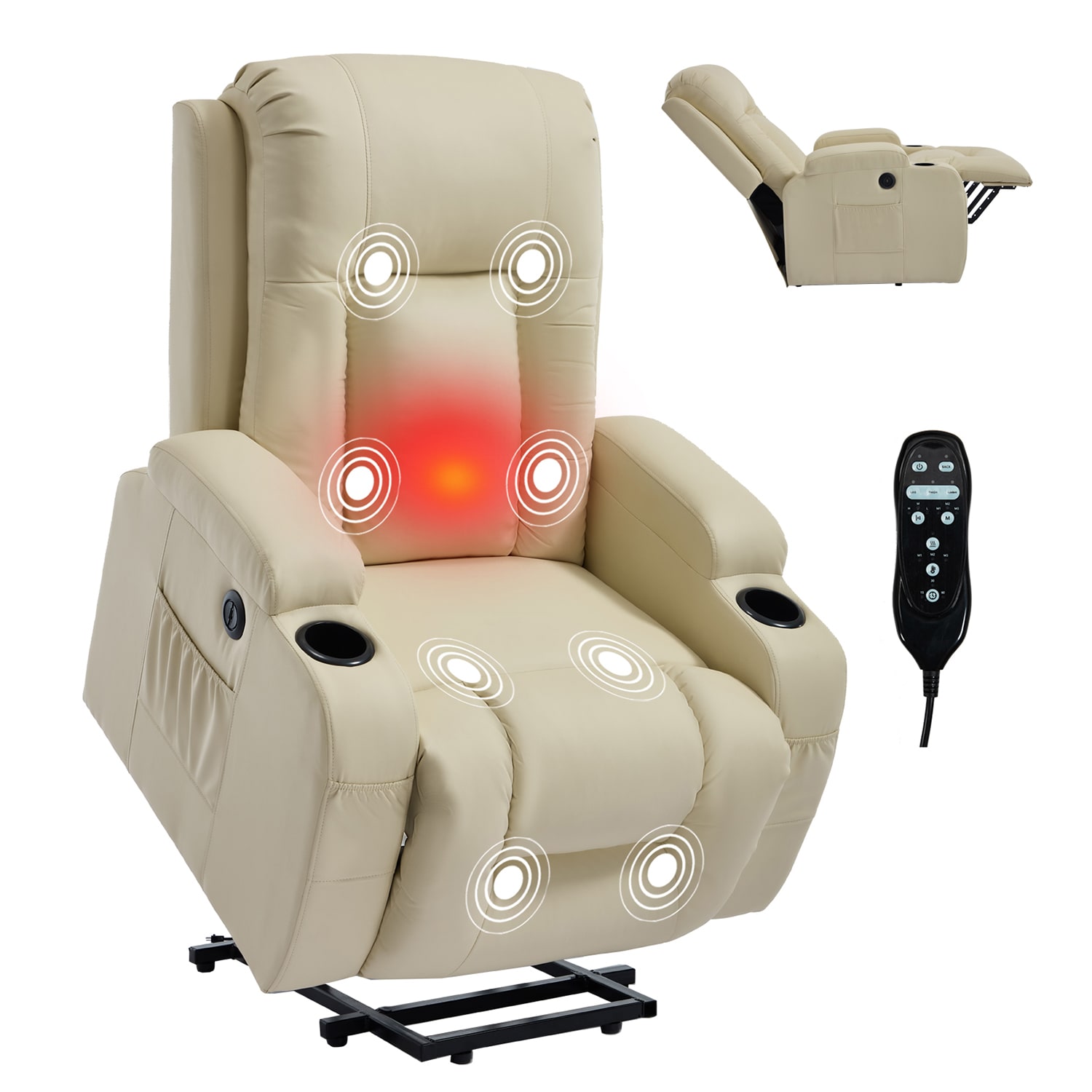 GZMR - Heavy Duty Vibration Massage Heating Power Lift Recliner Beige Faux leather Upholstered Po...