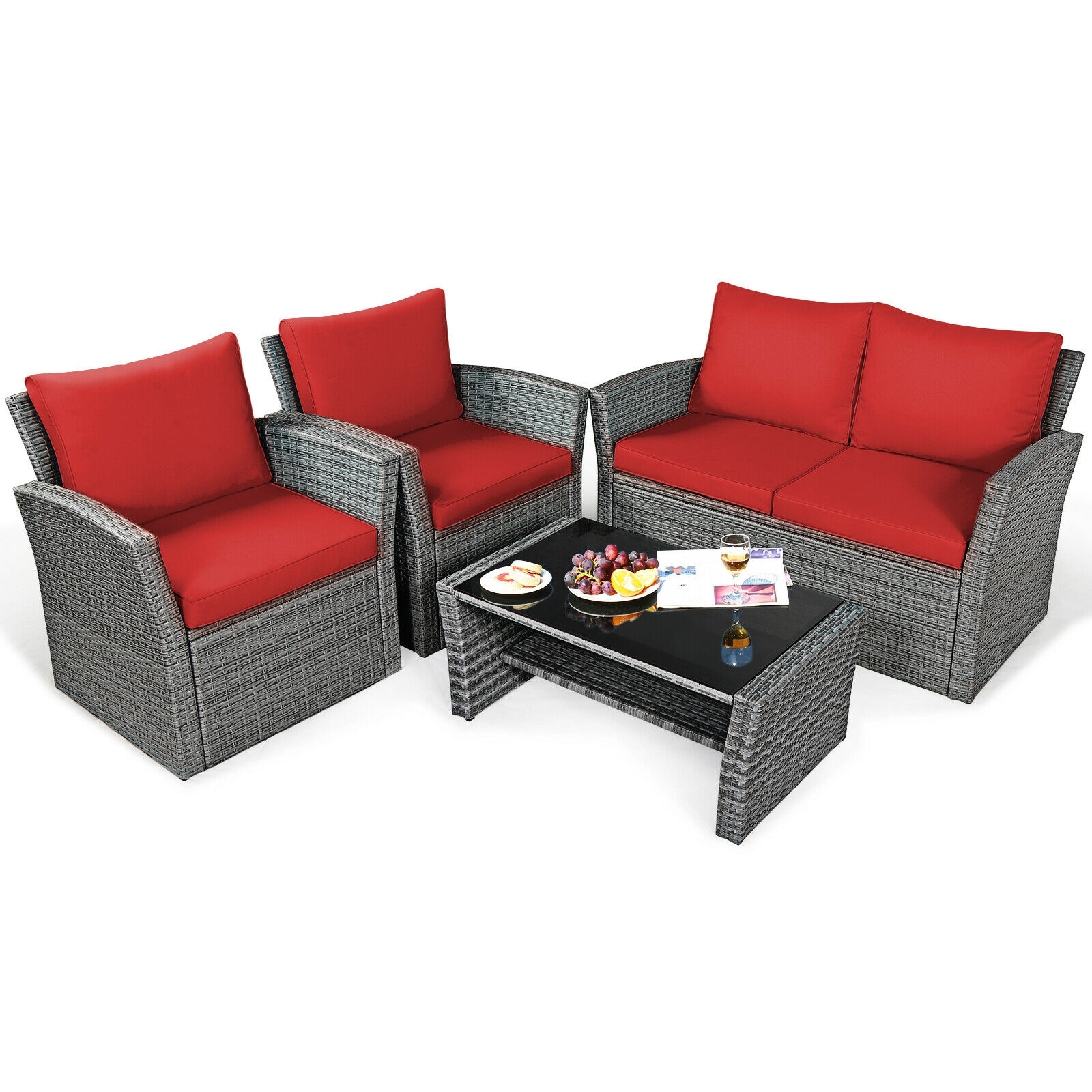 Forclover HBV-841CRE 4 -Piece Rattan Patio Conversation Set with Red Cushions