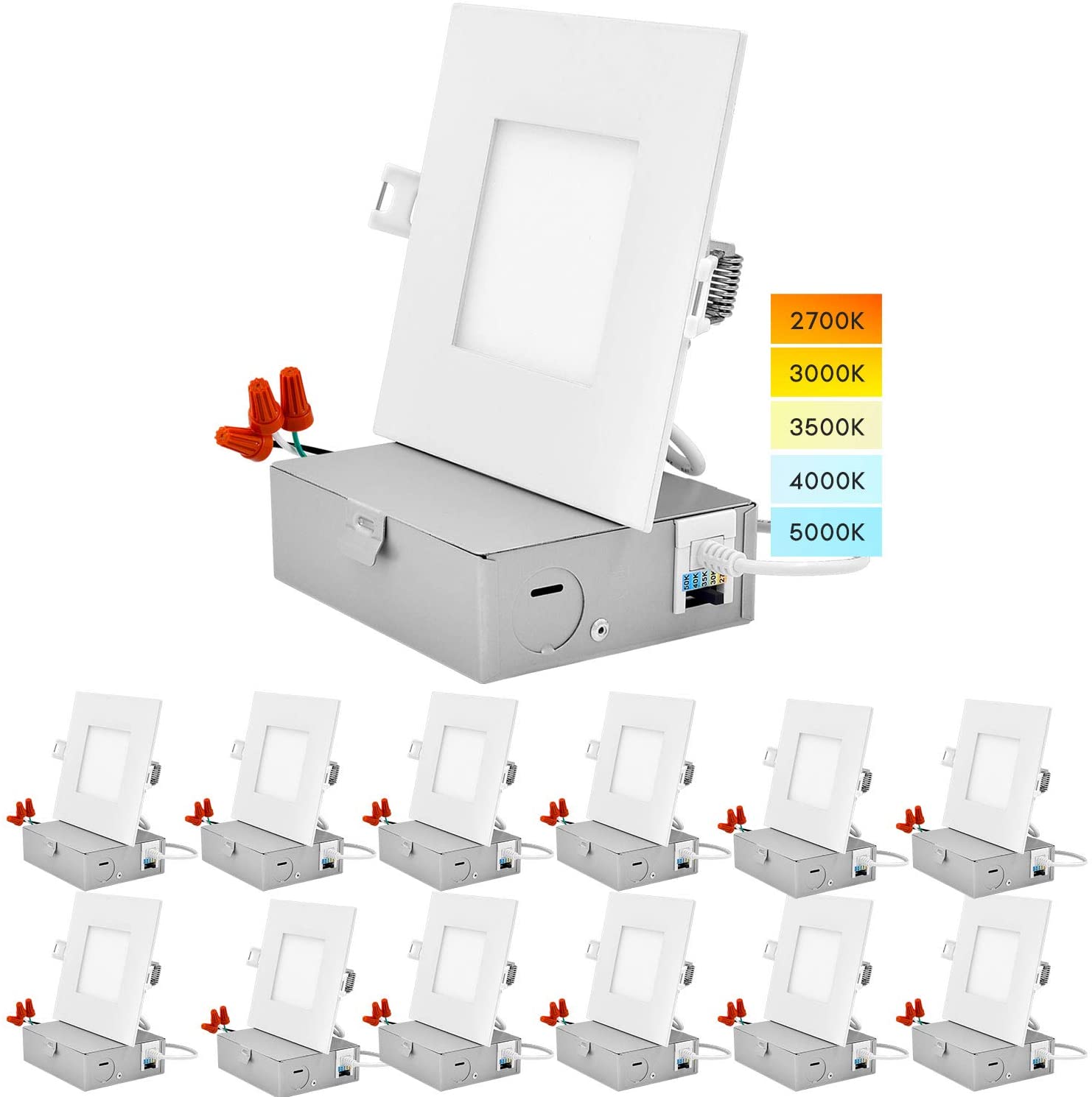 Luxrite LR23759-12PK White 4-in 700 -Lumens Switchable Square Dimmable LED Canless Wet rated Recessed Downlight 12 -Pack