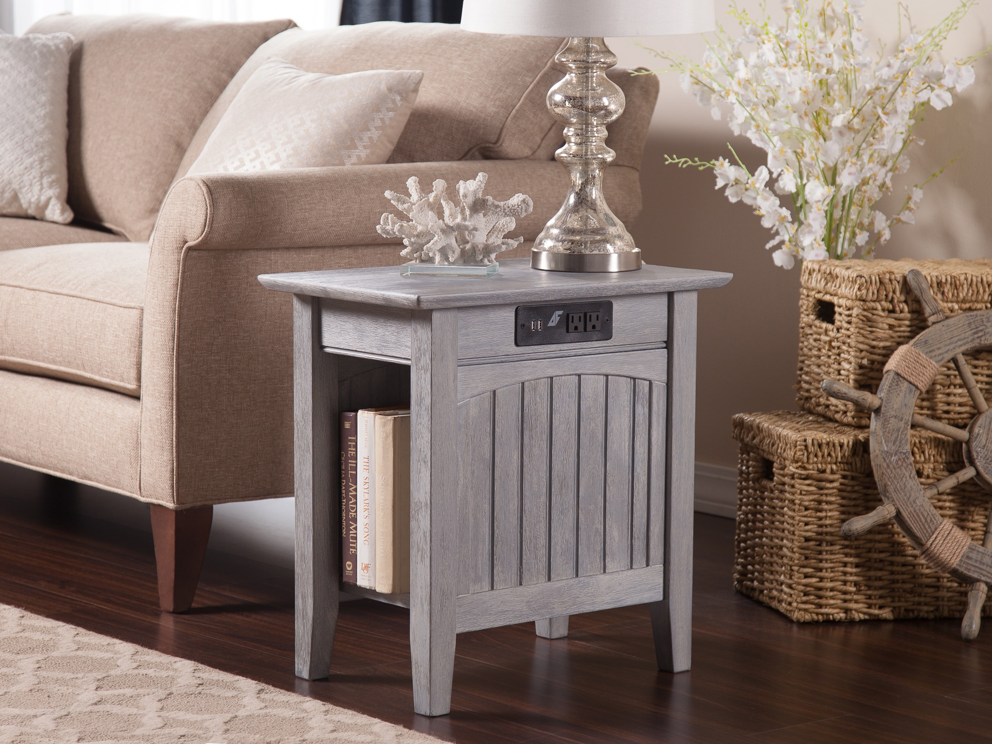 AFI Furnishings AH13318 Nantucket 14-in W x 22-in H Driftwood Wood Square Coastal End Table with Storage Assembly Required