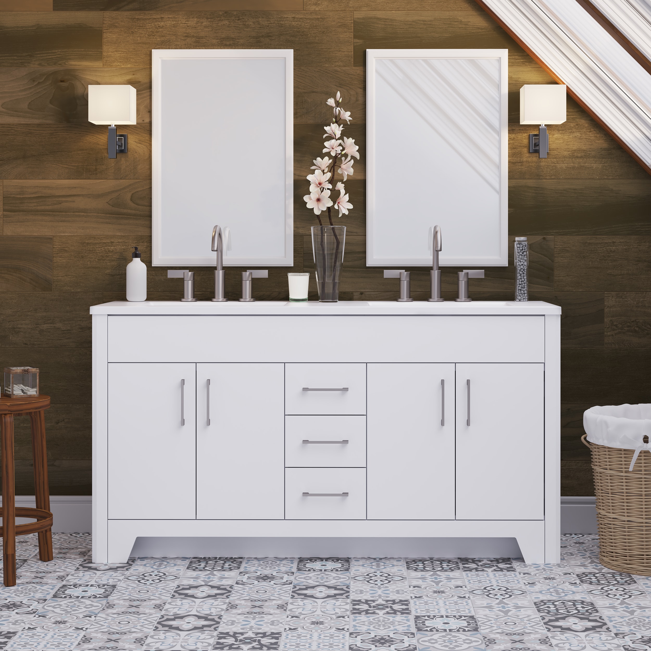 Diamond Now Shelby 60 In White Double Sink Bathroom Vanity With White
