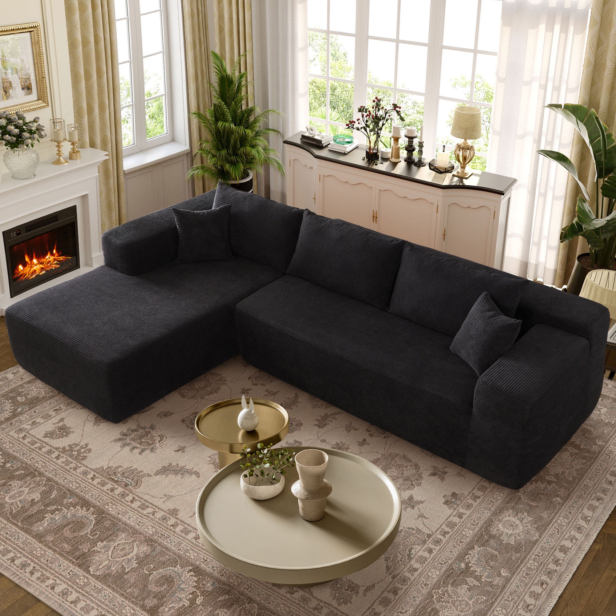Ovios OVIVIL400 104.3-in Casual Black( Corduroy)-Left Chaise Sectional