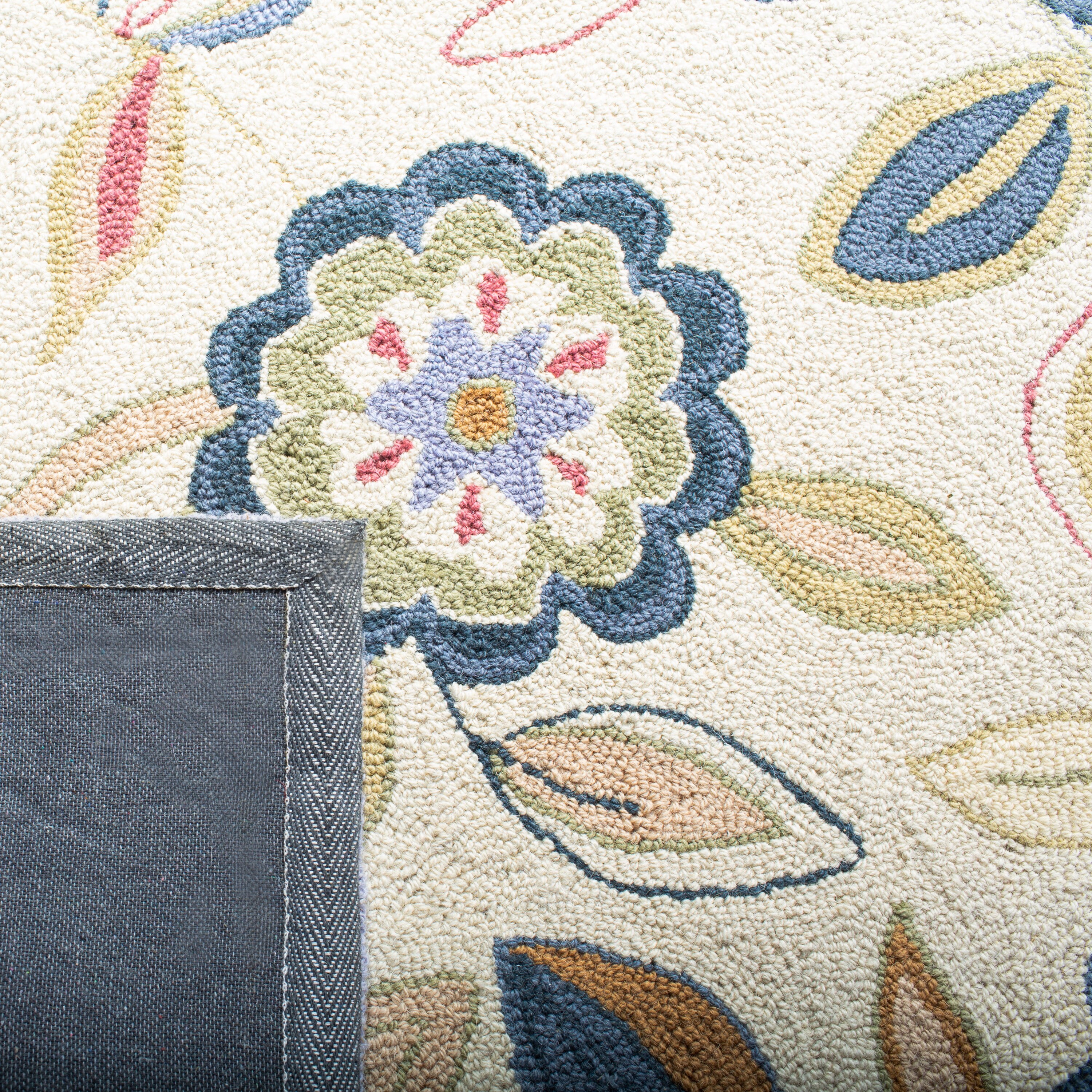 Ivory and Blue Floral Wool Runner Rug, 2'6" x 8'