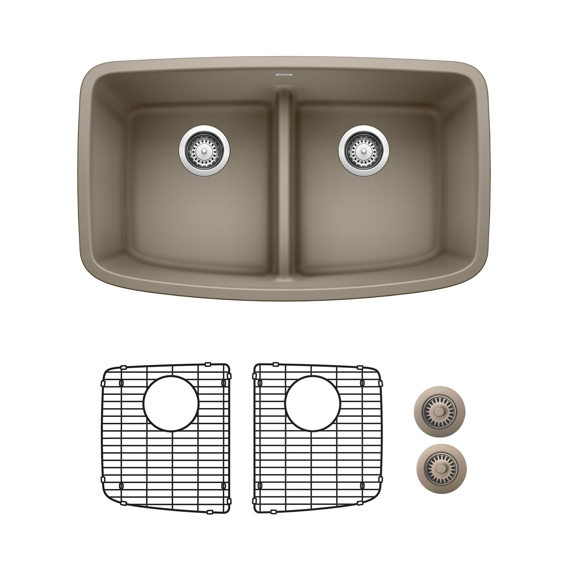 BLANCO KA-442197 Undermount 32-in x 19-in Truffle Granite Double Equal Bowl Kitchen Sink All-in-one Kit