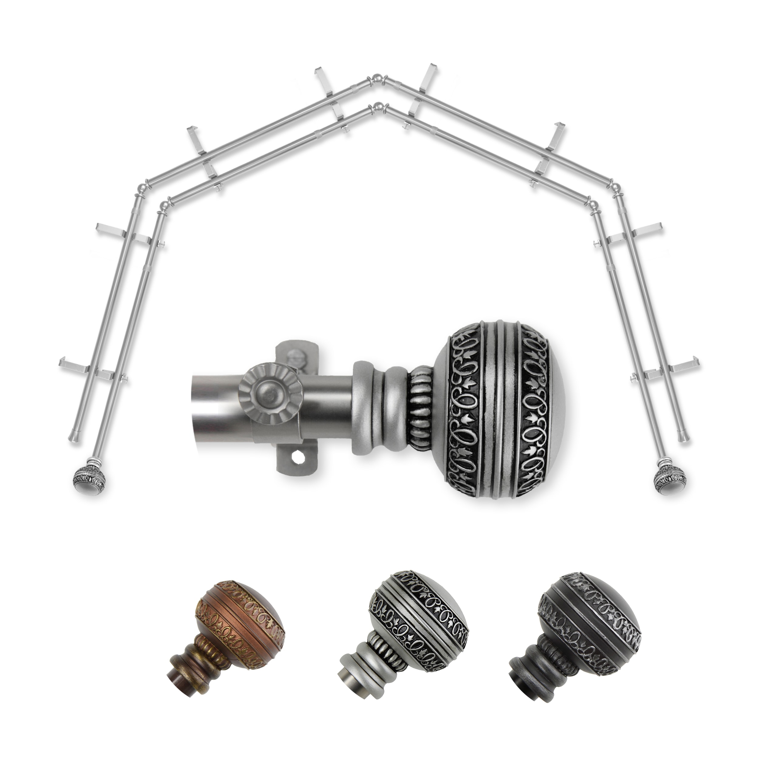 Hart & Harlow L-4BAY-02-5D Faith 4-Sided Double Bay Satin nickel Steel Bay window curtain rod with Finials