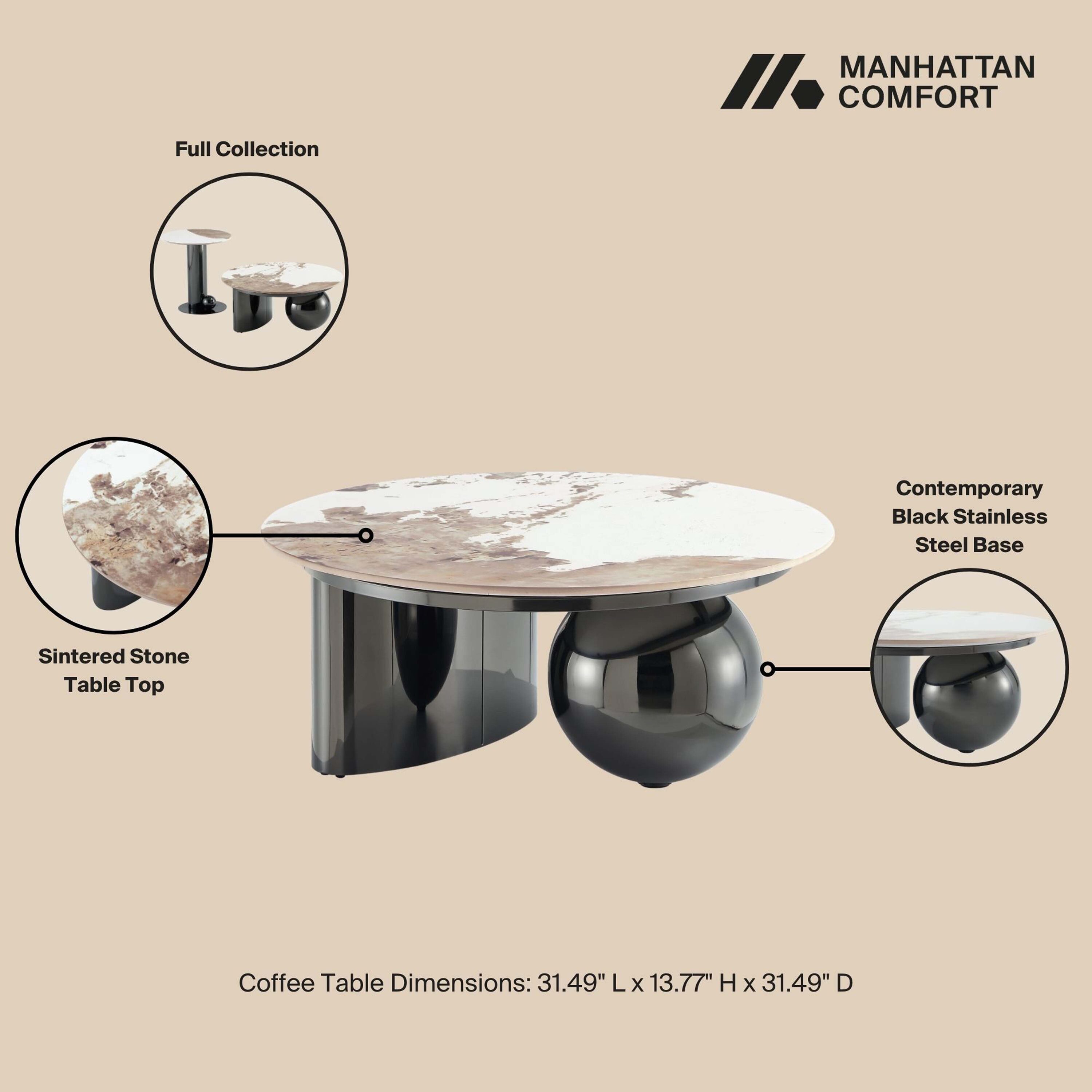 Laurel Round Black Sintered Stone Coffee Table with Stainless Steel Base