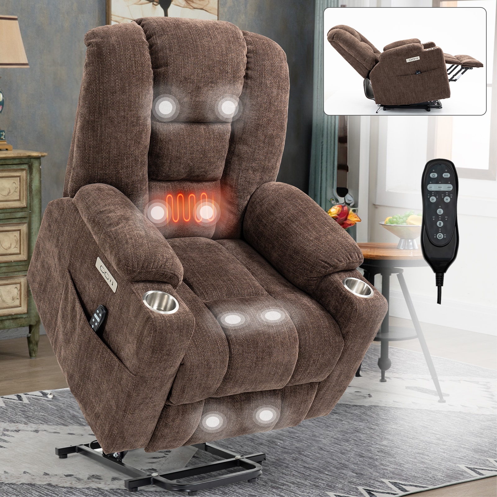 Mondawe WFMD-L001C-51-BROWN Brown Chenille Upholstered Tufted Powered Reclining Massage chair with Lift Assistance