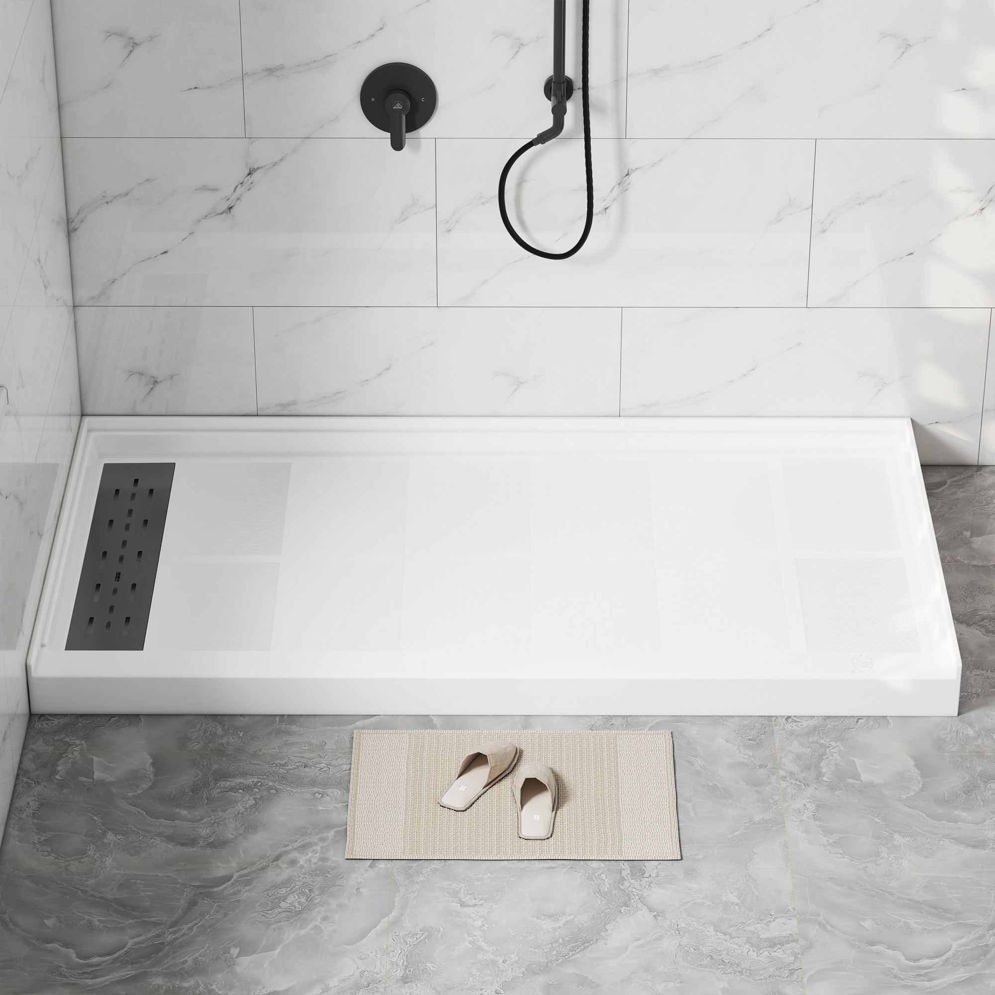 CASAINC 60 in. x 32 in. Composite Alcove Shower Pan Base with Stainless Steel Cover and Left Drain in White
