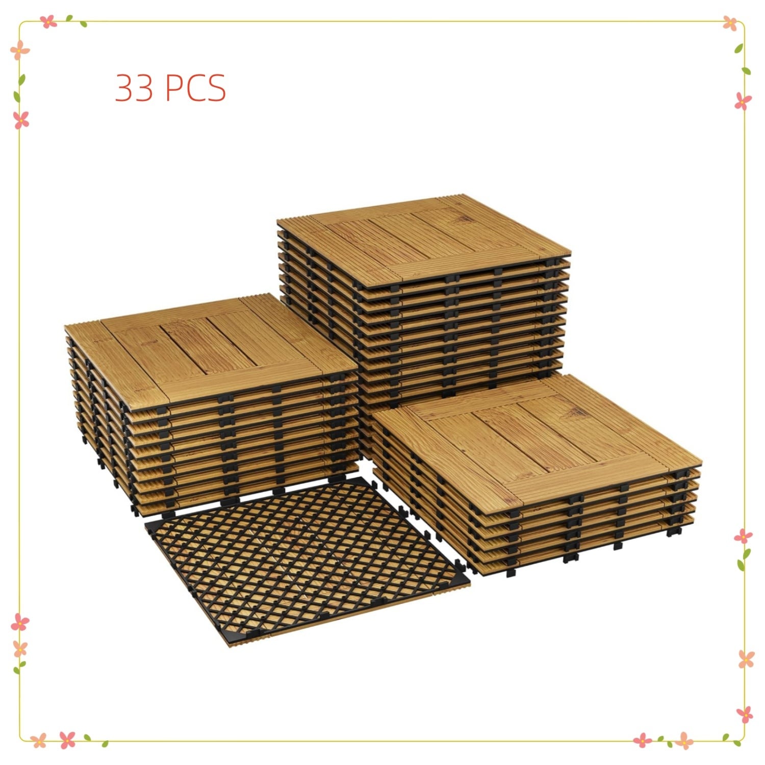 Garvee 33-Pack Acacia Wood Deck Tiles (12x12 In) - Covers 32 Sq Ft Interlocking Water-Resistant Flooring for Patio Balcony and Pool Deck Yellow