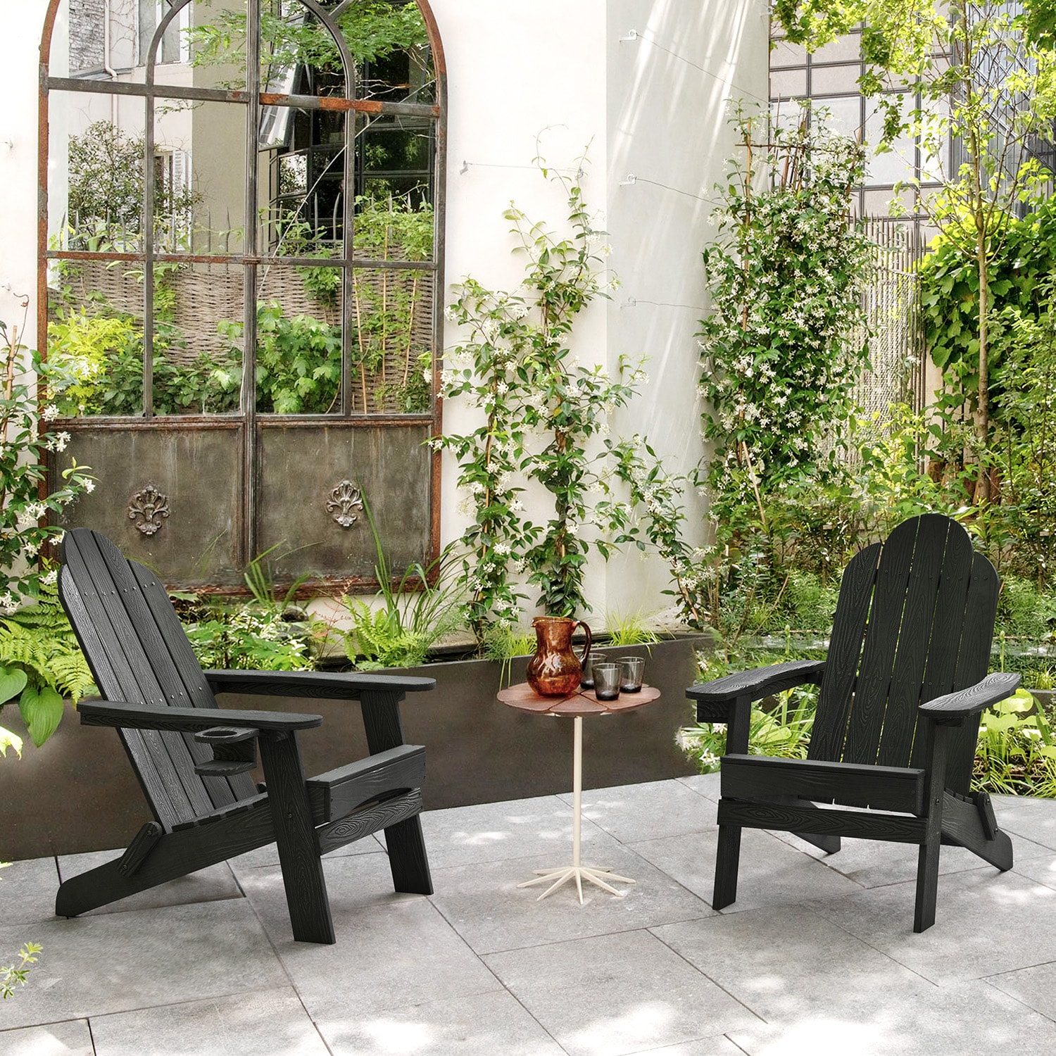 LUE BONA 2LB21CH0017-100LS Folding Set of 2 Black Plastic Frame Stationary Adirondack Chair with Slat Seat