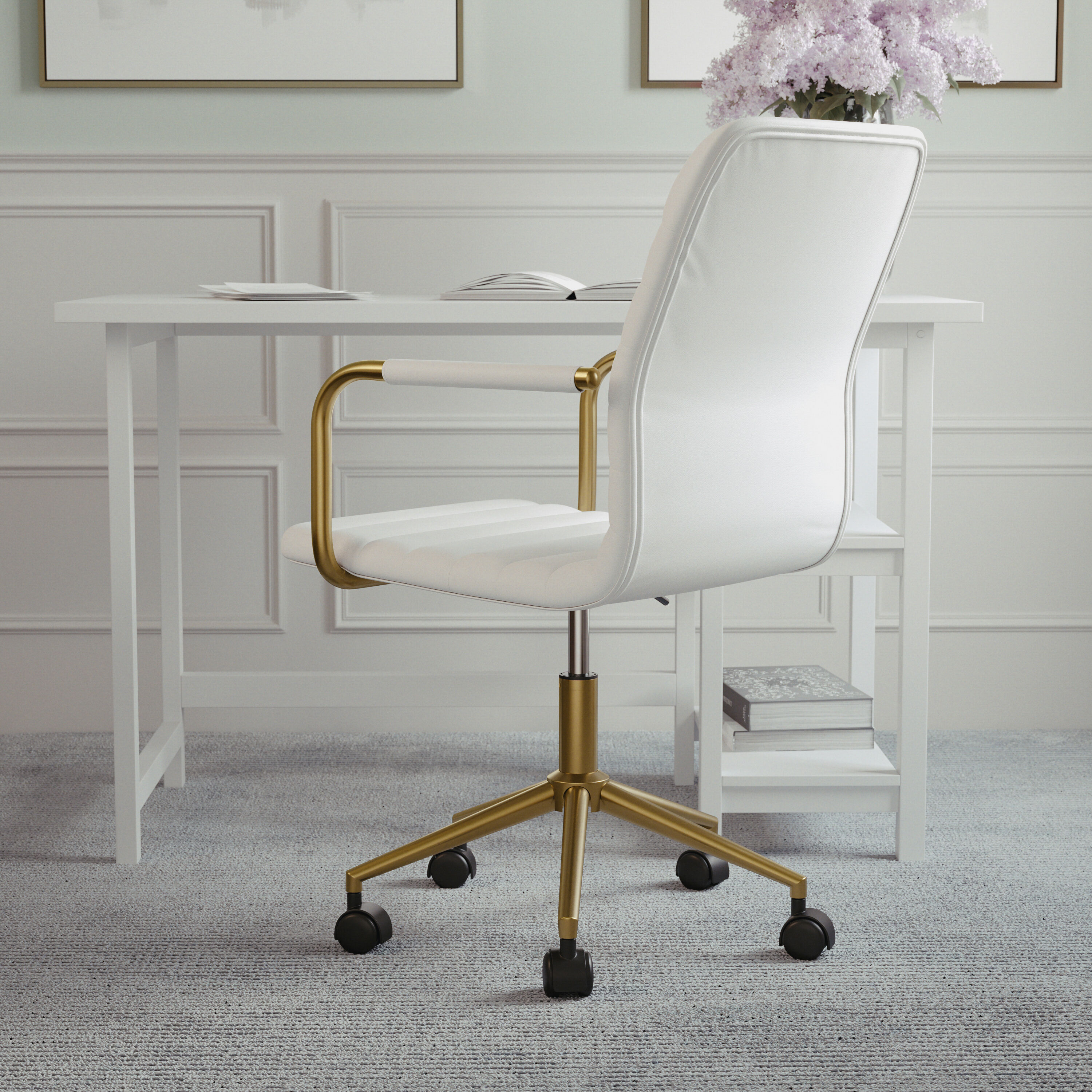 White Faux Leather Executive Swivel Office Chair with Brass Frame