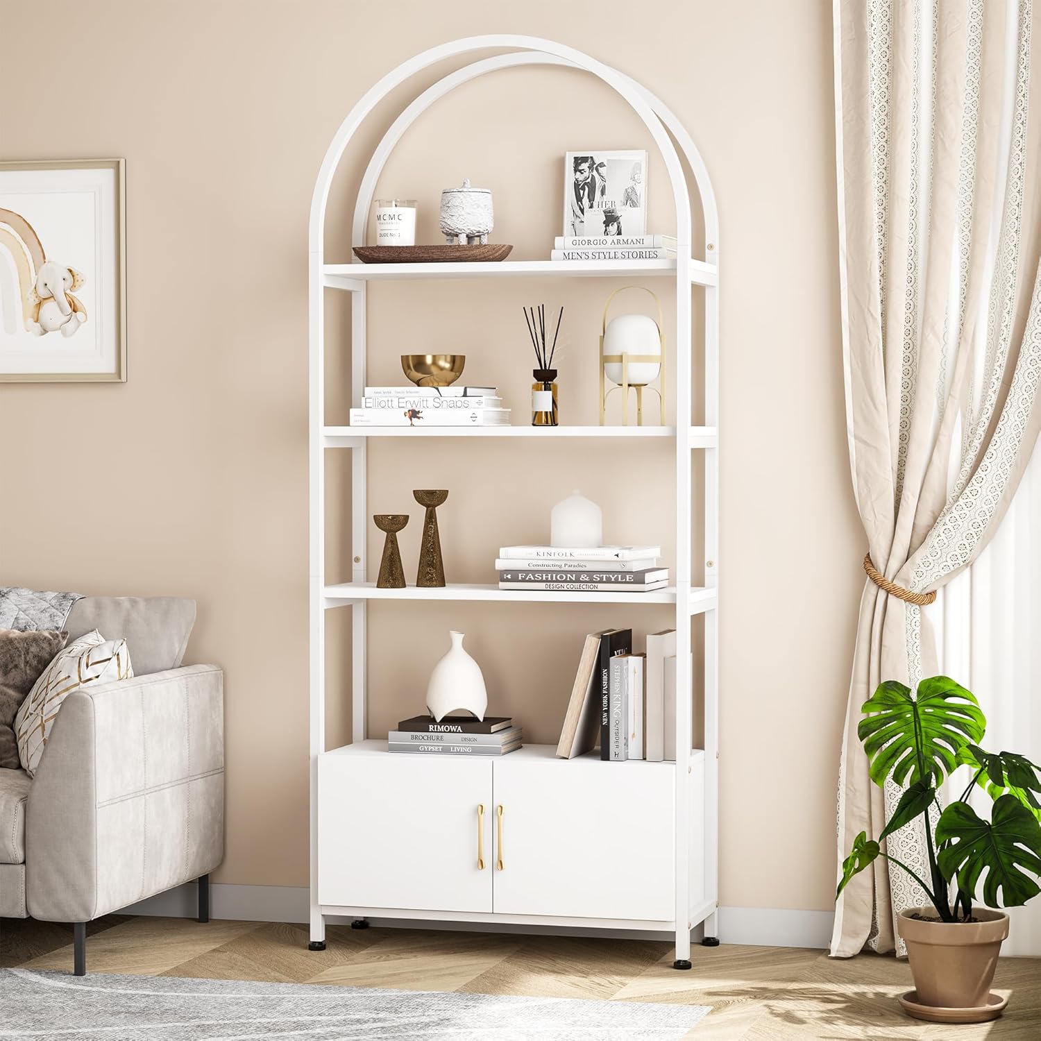 Qeetex LHF-SJ-PHO-10H4C2Z6 Arched Bookshelf - 4 Tier Arched Bookcase with Doors Storage - 71.5in Tall Industrial Book Shelf with Studry Metal Frame and Open Shelves - Freestanding Dispaly Shelf for Office