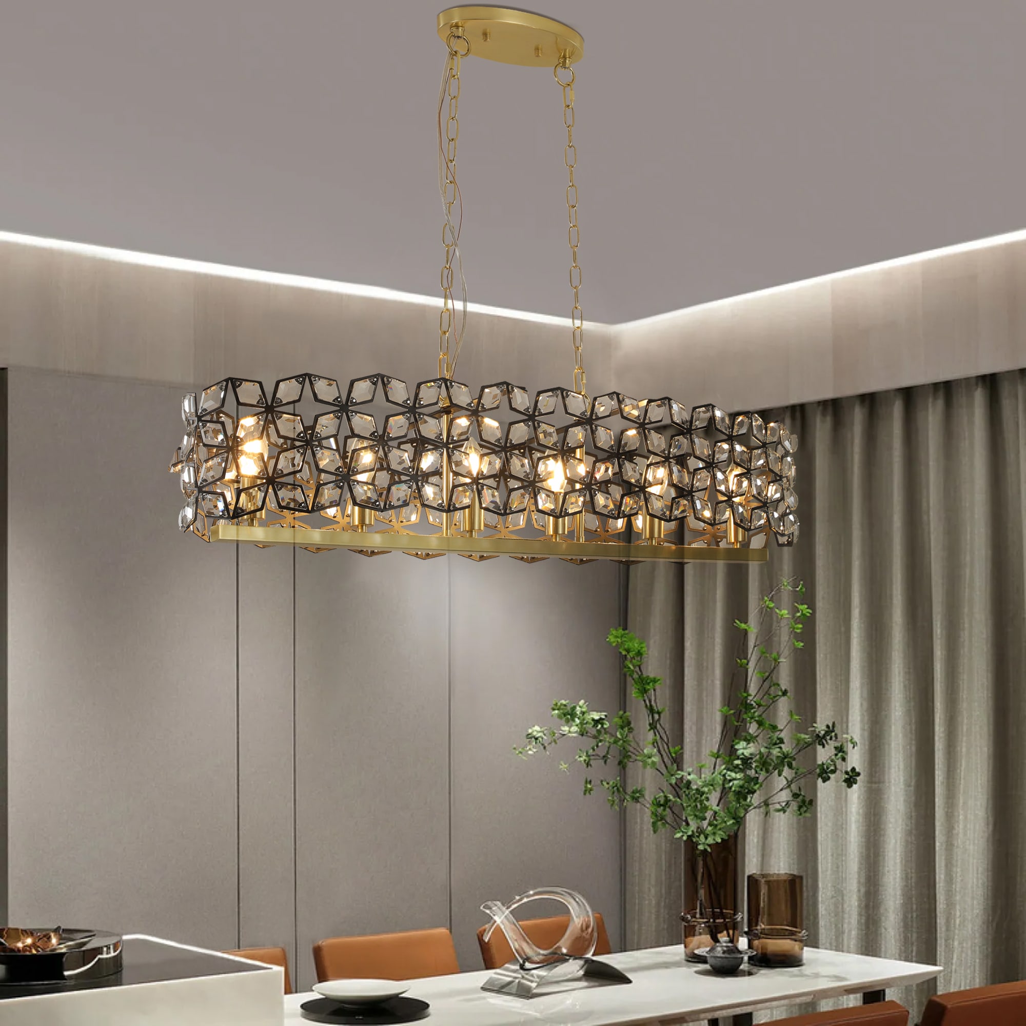 GDFStudio Pendant Chandelier - Modern Style Design - High-Quality Crystal Suitable for Dining Room Kitchen Living Room - BlackGoldTransparent Finish