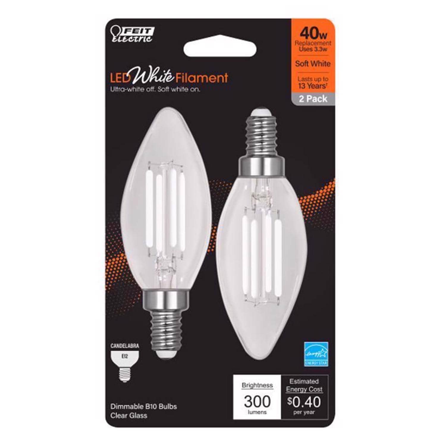 Feit Electric EJD3013993 White B10 E12 Candelabra Filament LED Bulb Soft White 40 Watt Equivalence 2 pk